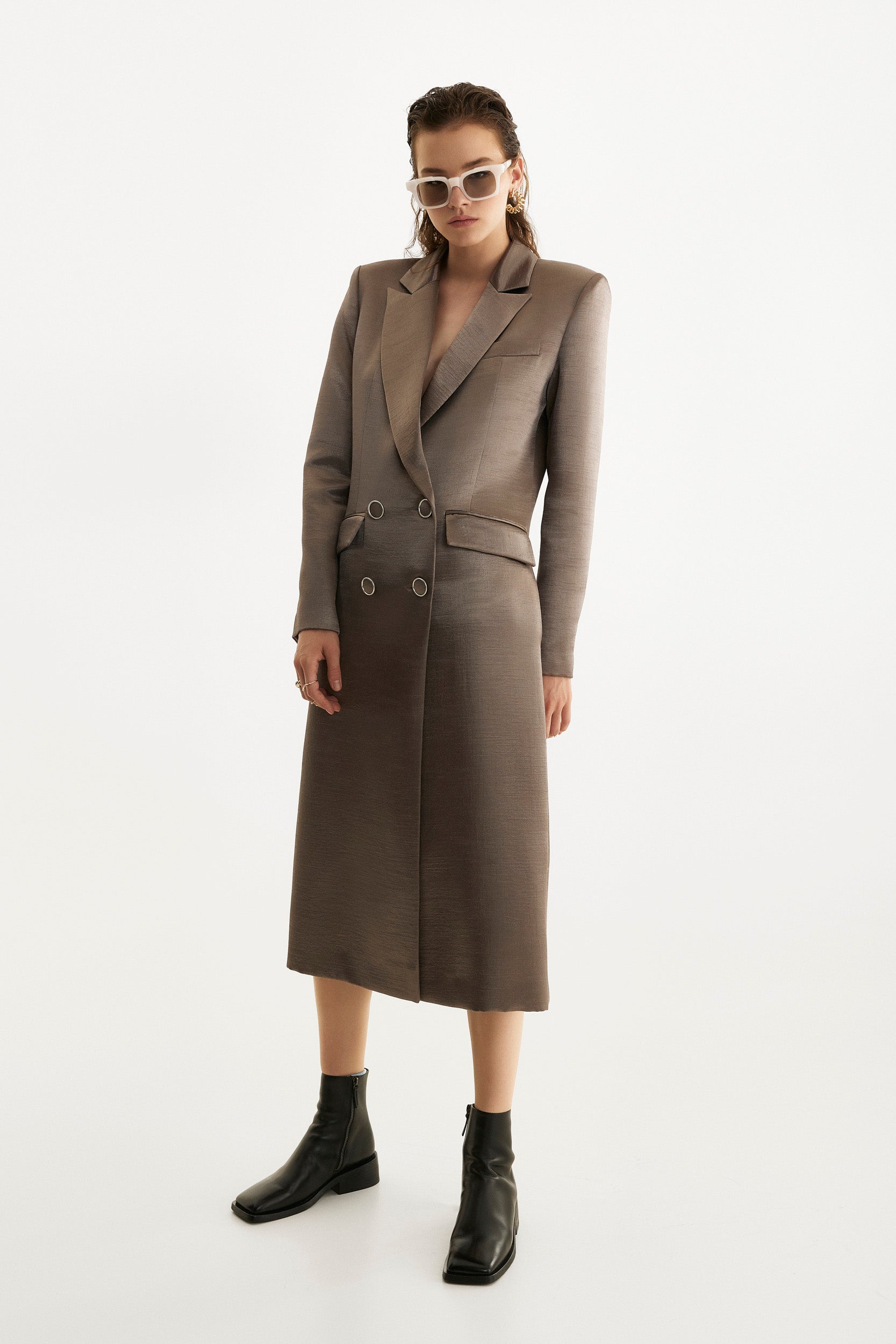 Belted midi trench coat in liquid silver