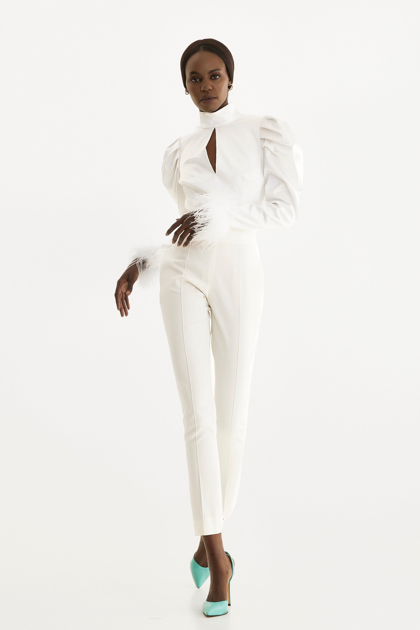 Taffeta blouse with feathers in white