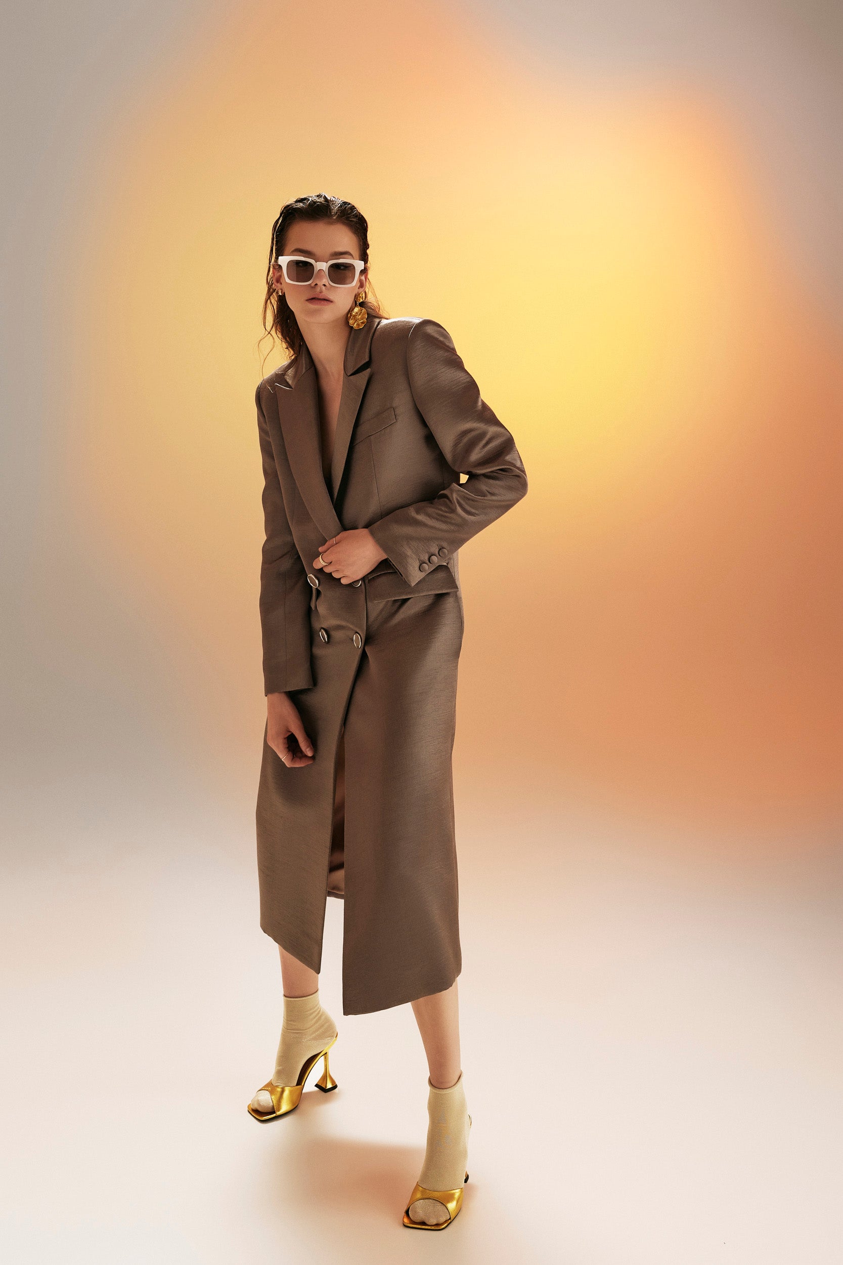 Belted midi trench coat in liquid silver