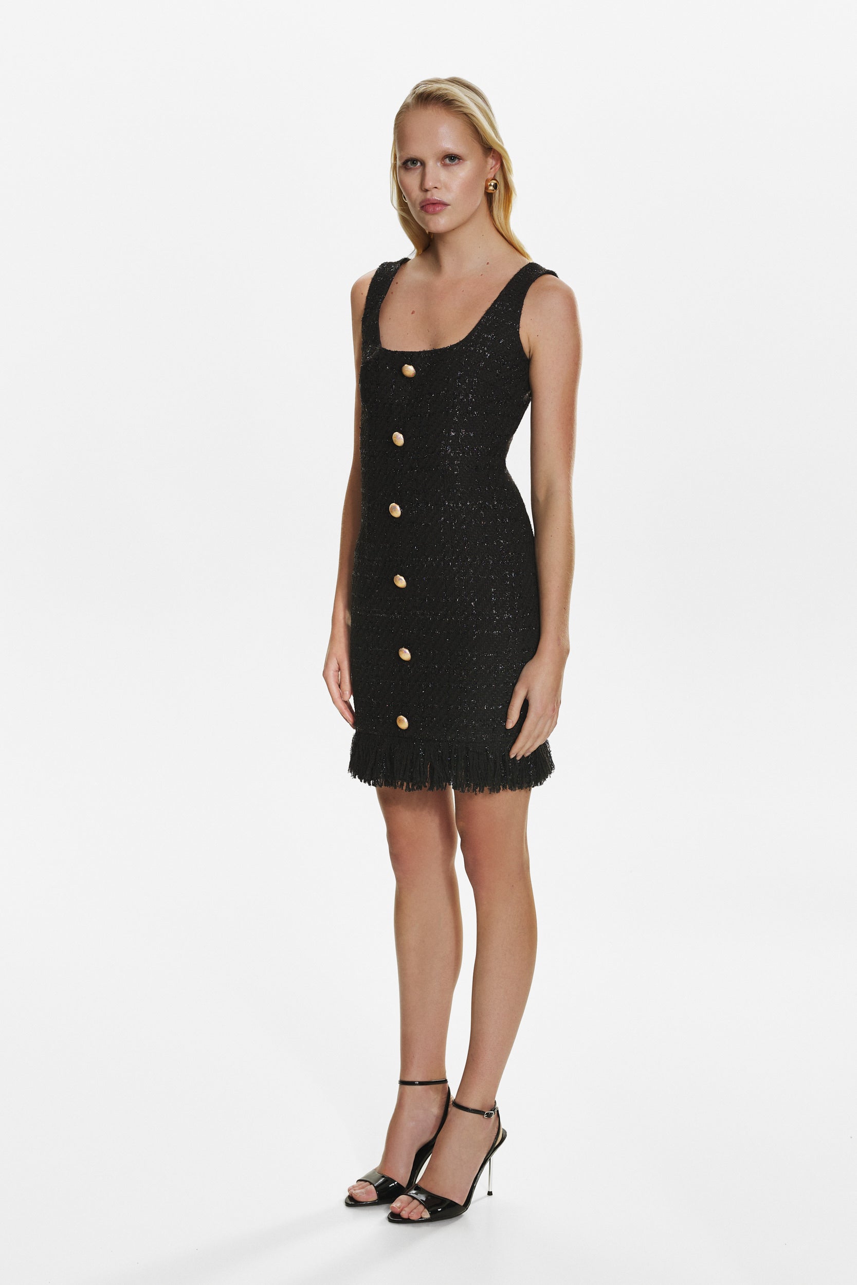 Black fringed tweed dress