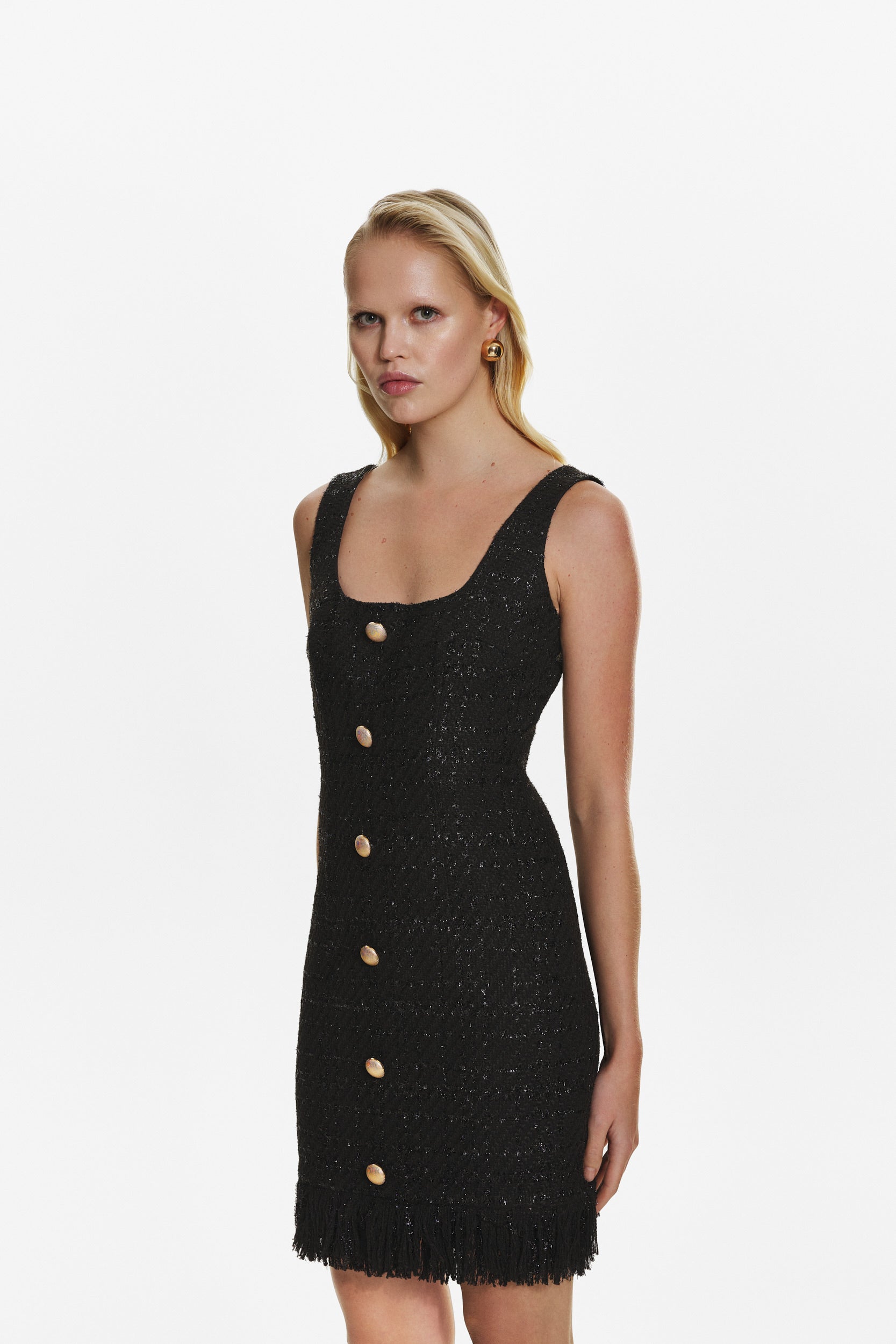Black fringed tweed dress