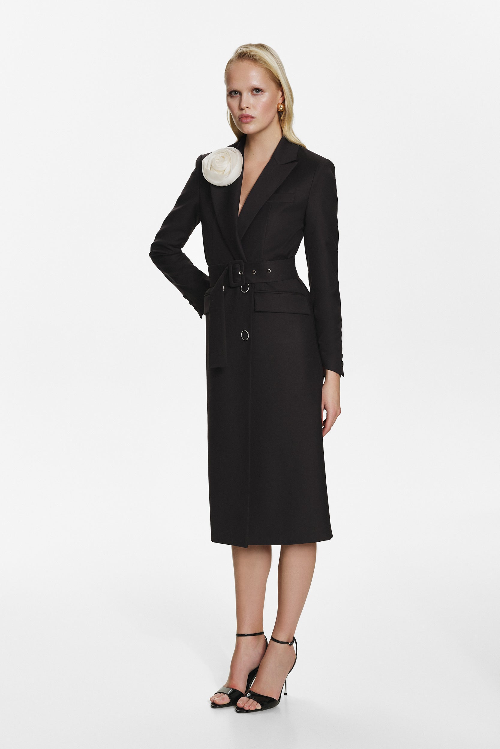 Belted midi trench coat in black