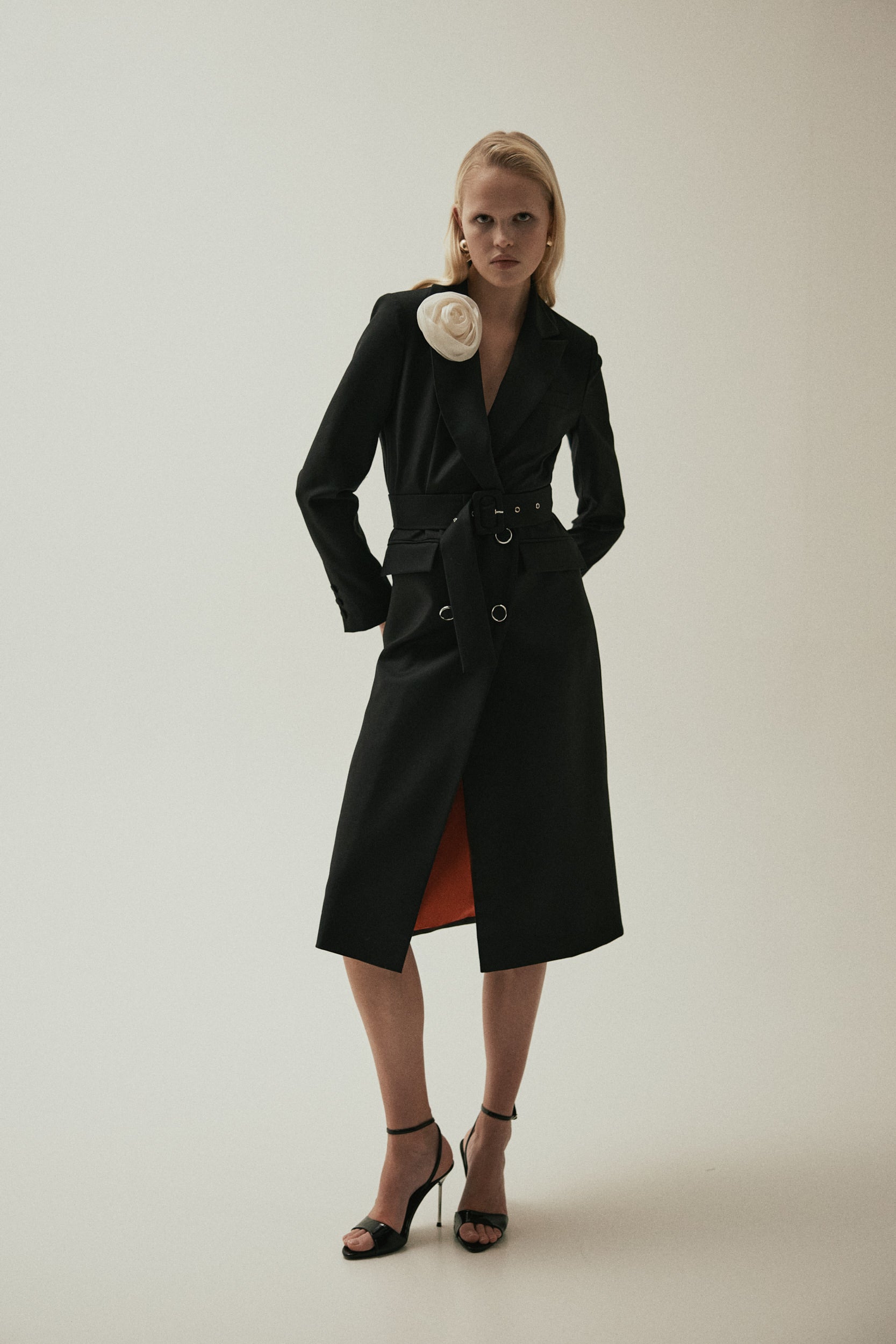 Belted midi trench coat in black