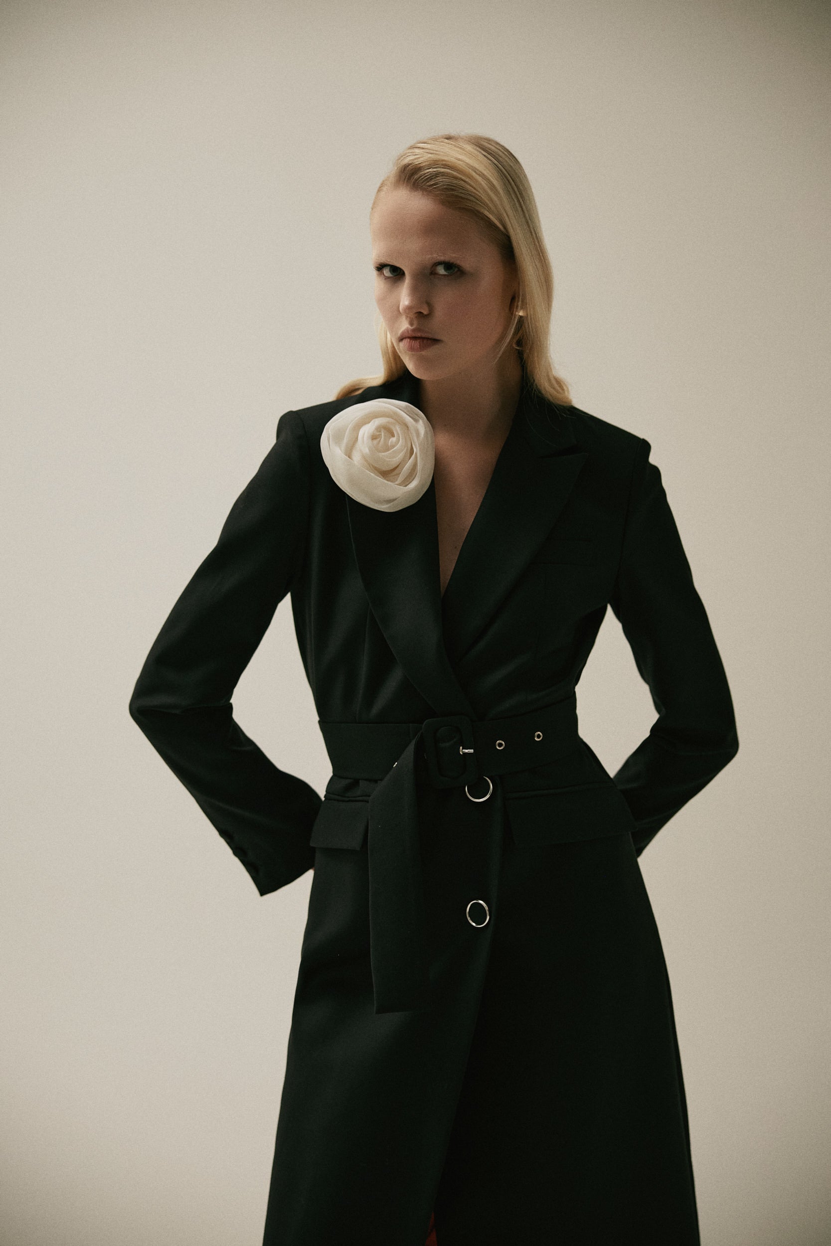 Belted midi trench coat in black