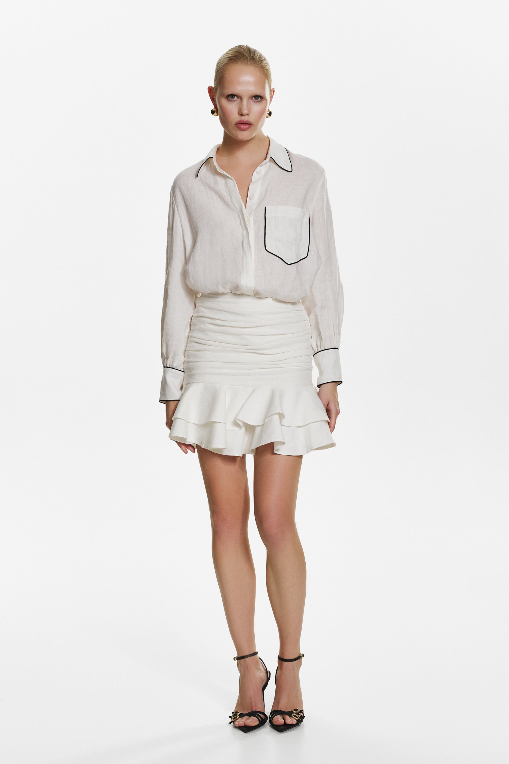 Ruffle skirt in white linen blend