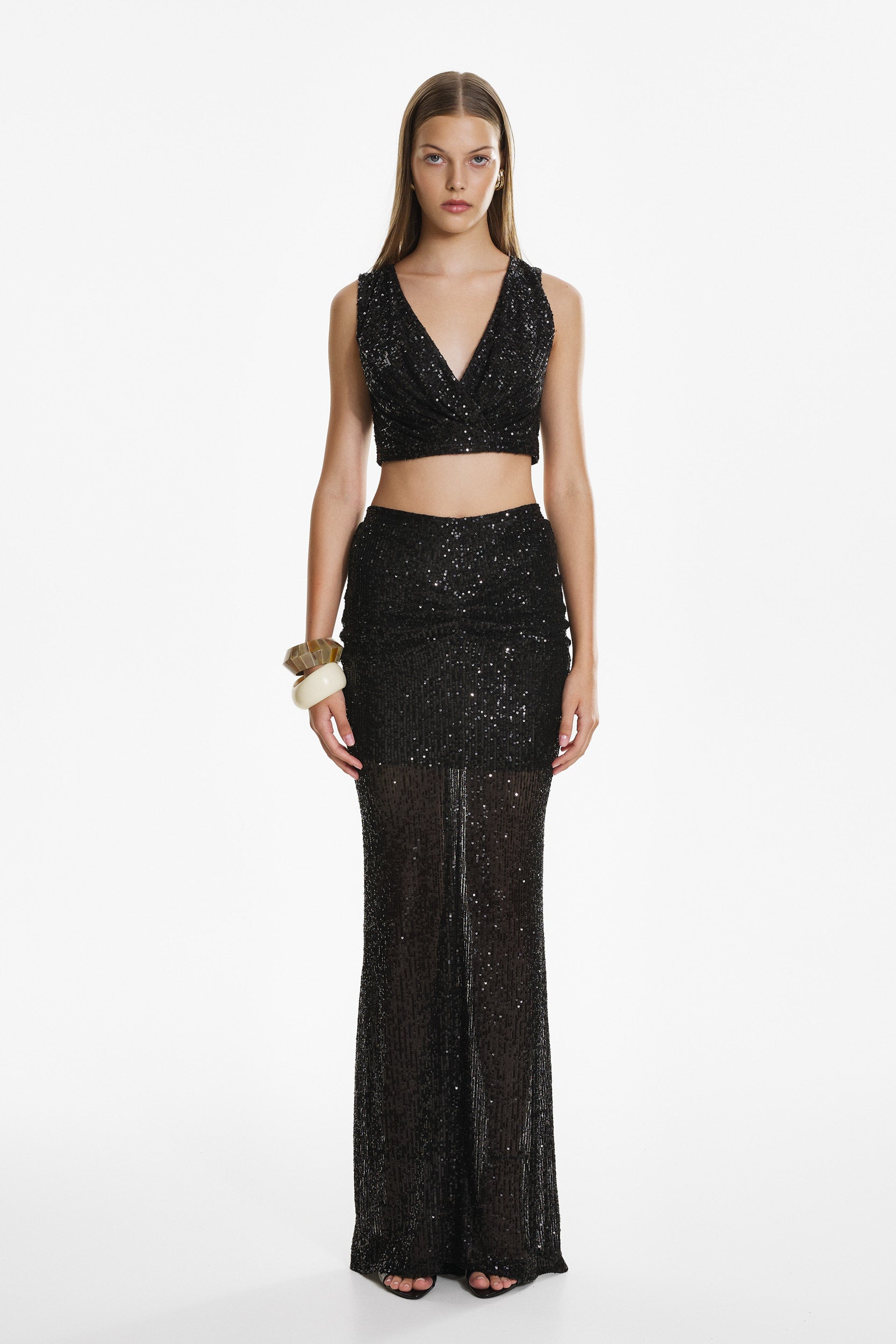 Sequin v-neck top in black