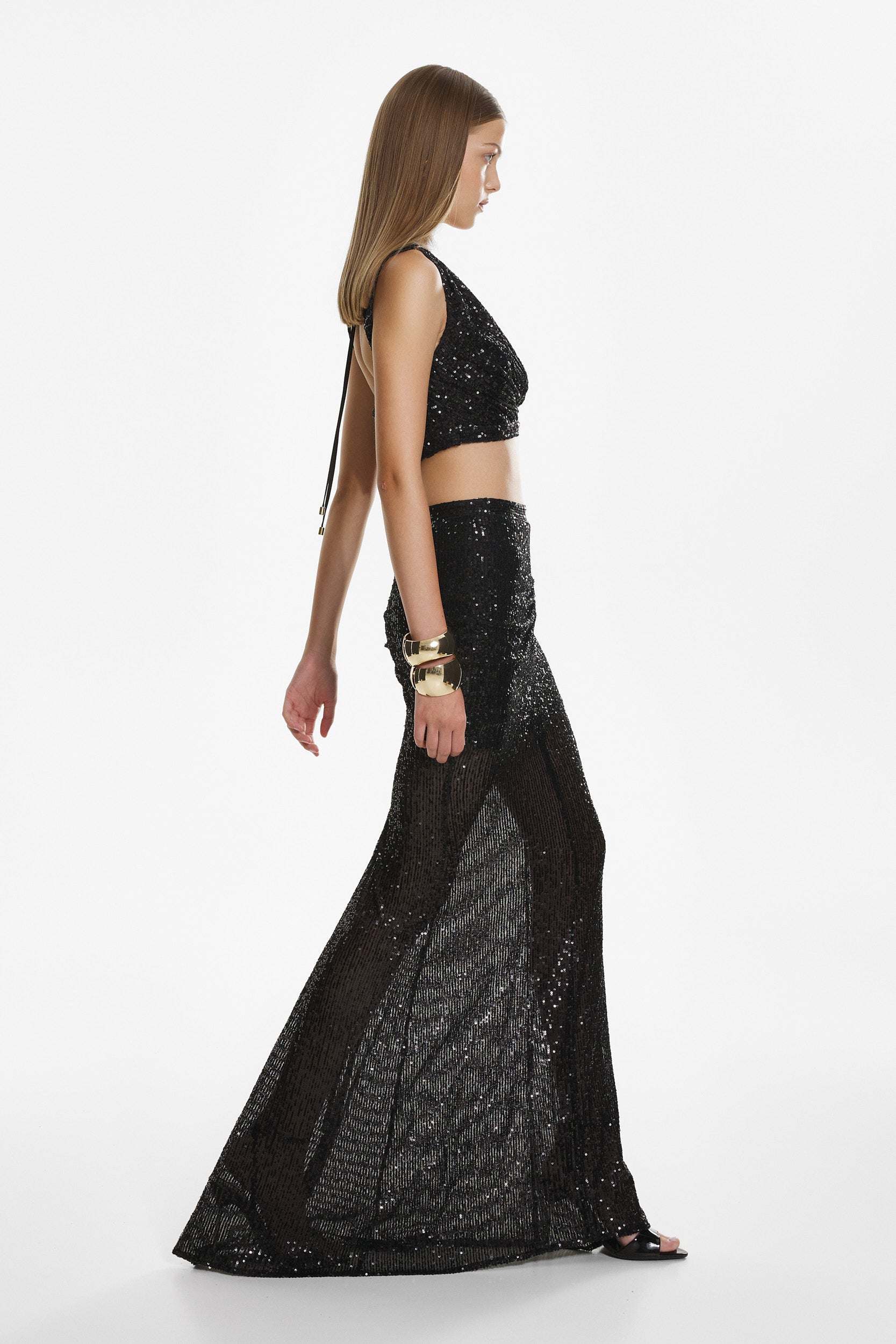 Sequin v-neck top in black