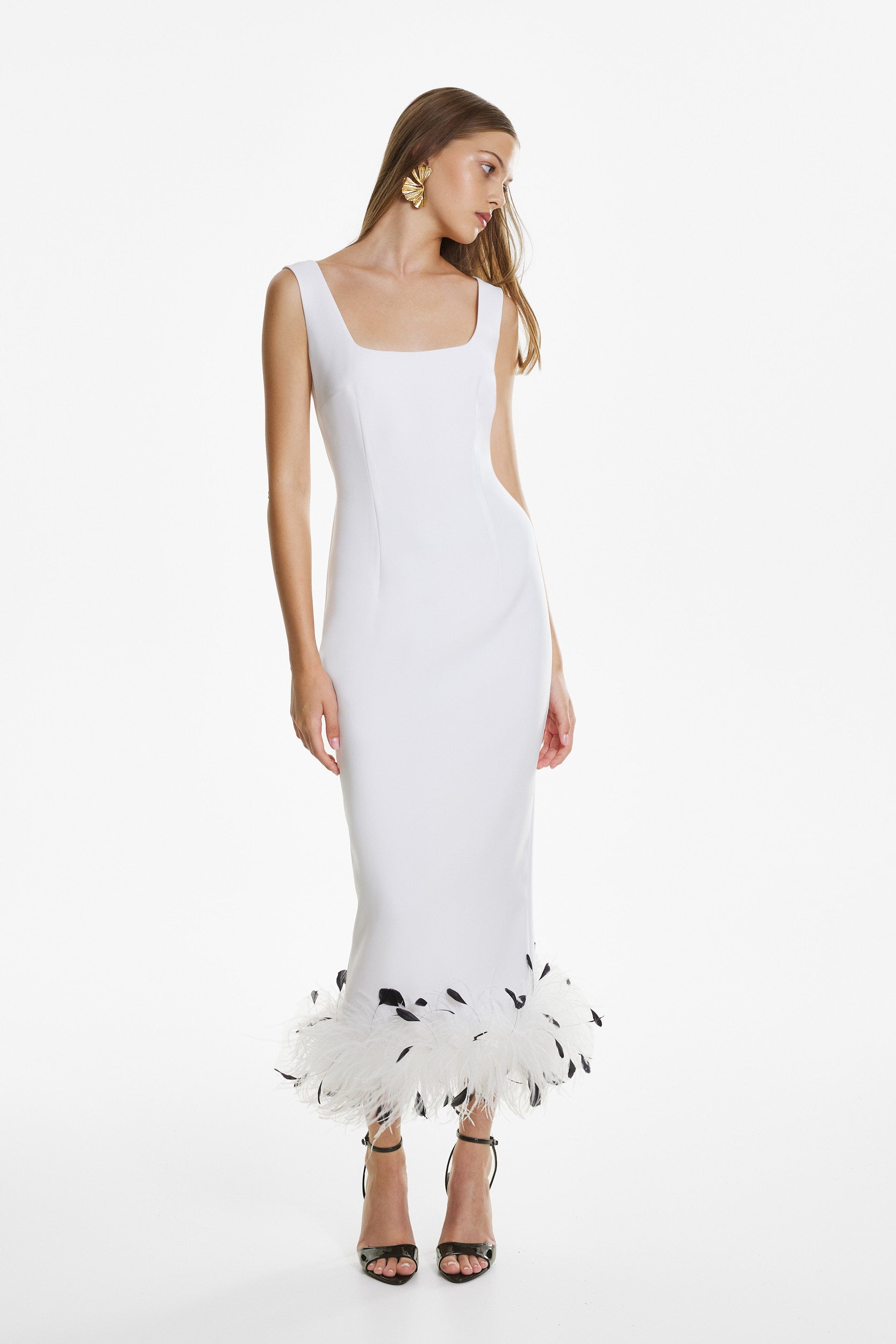 White crepe feather midi dress