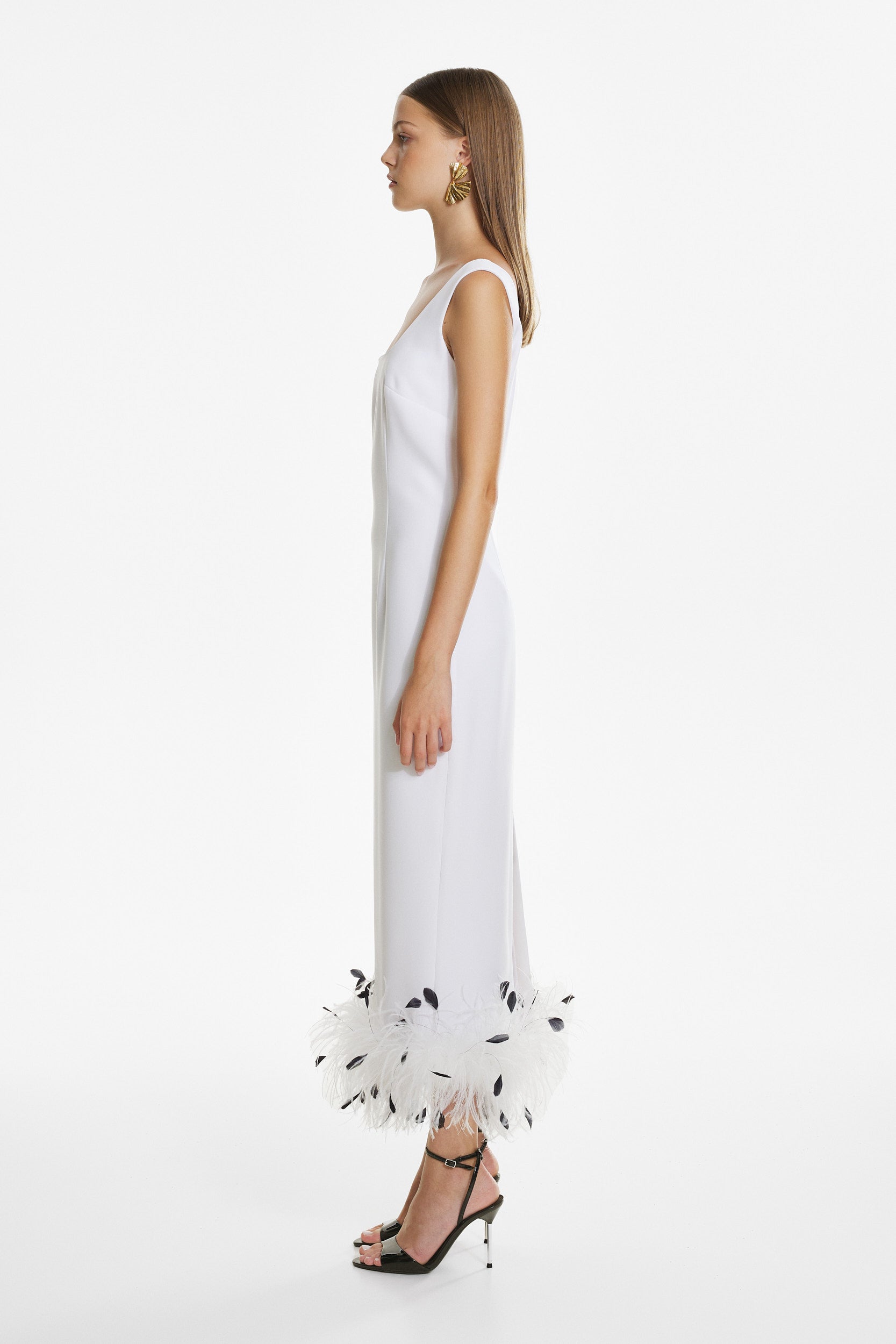 White crepe feather midi dress