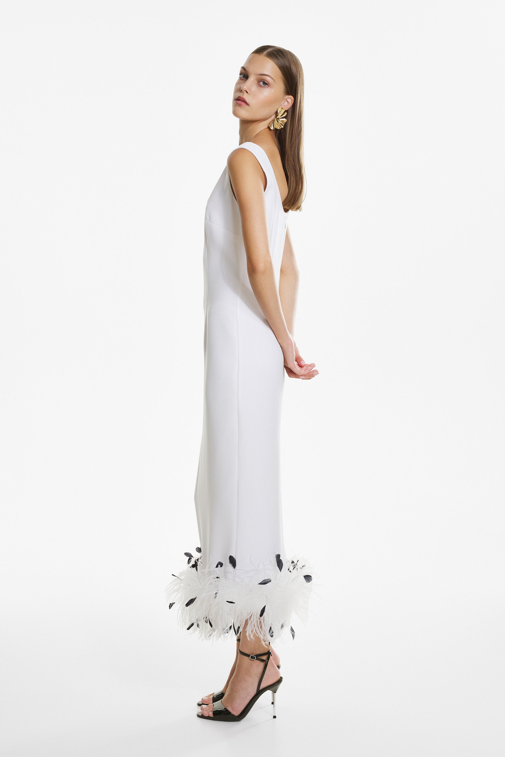 White crepe feather midi dress
