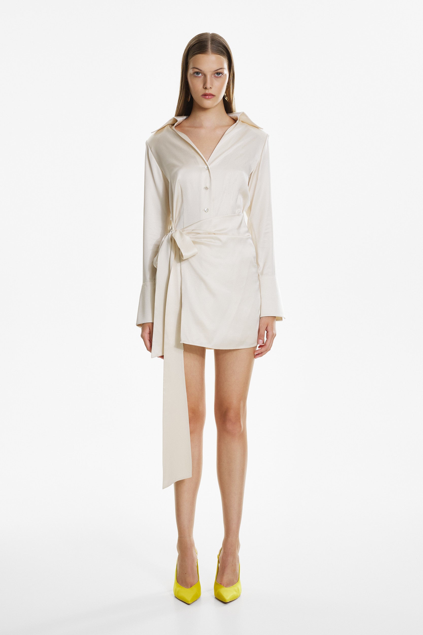 Cream satin mini wrap dress