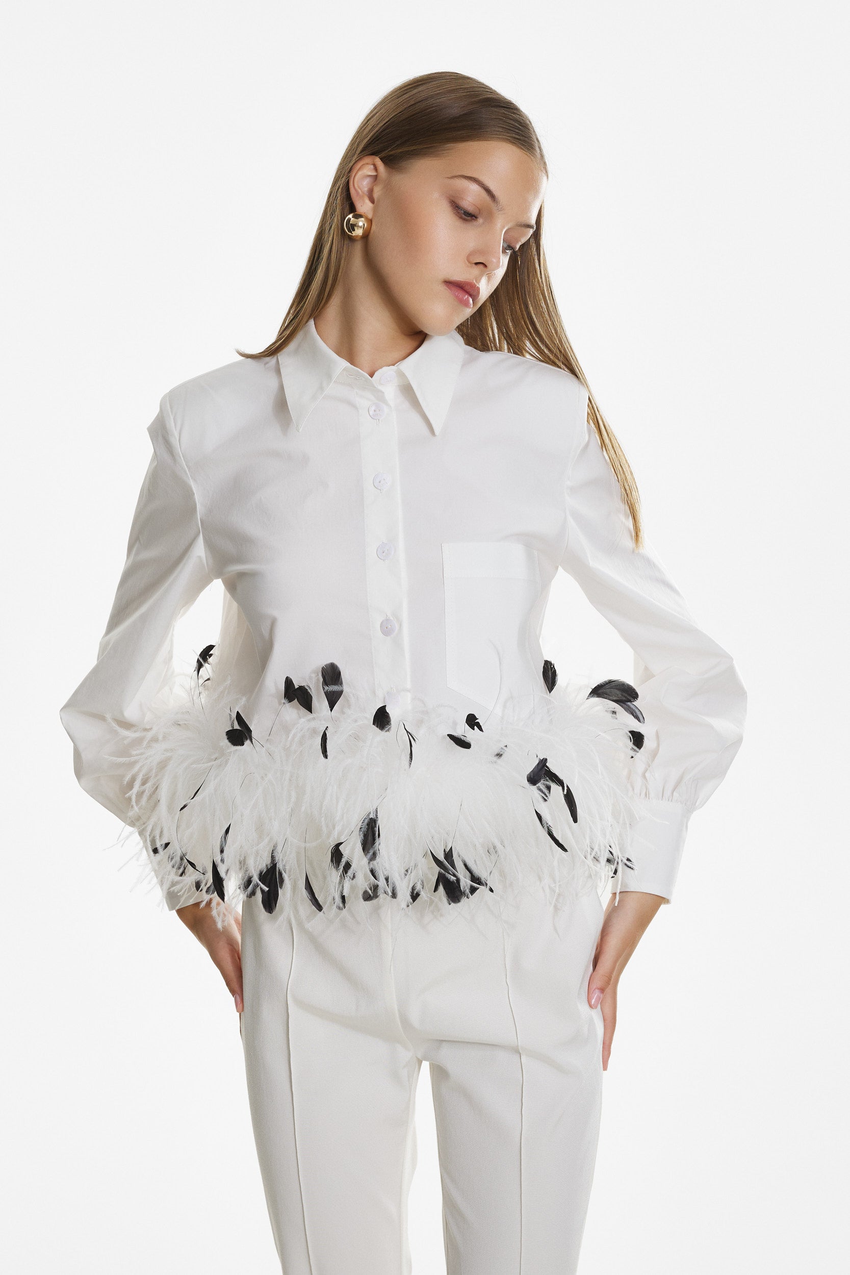 Cropped feather-trim white shirt