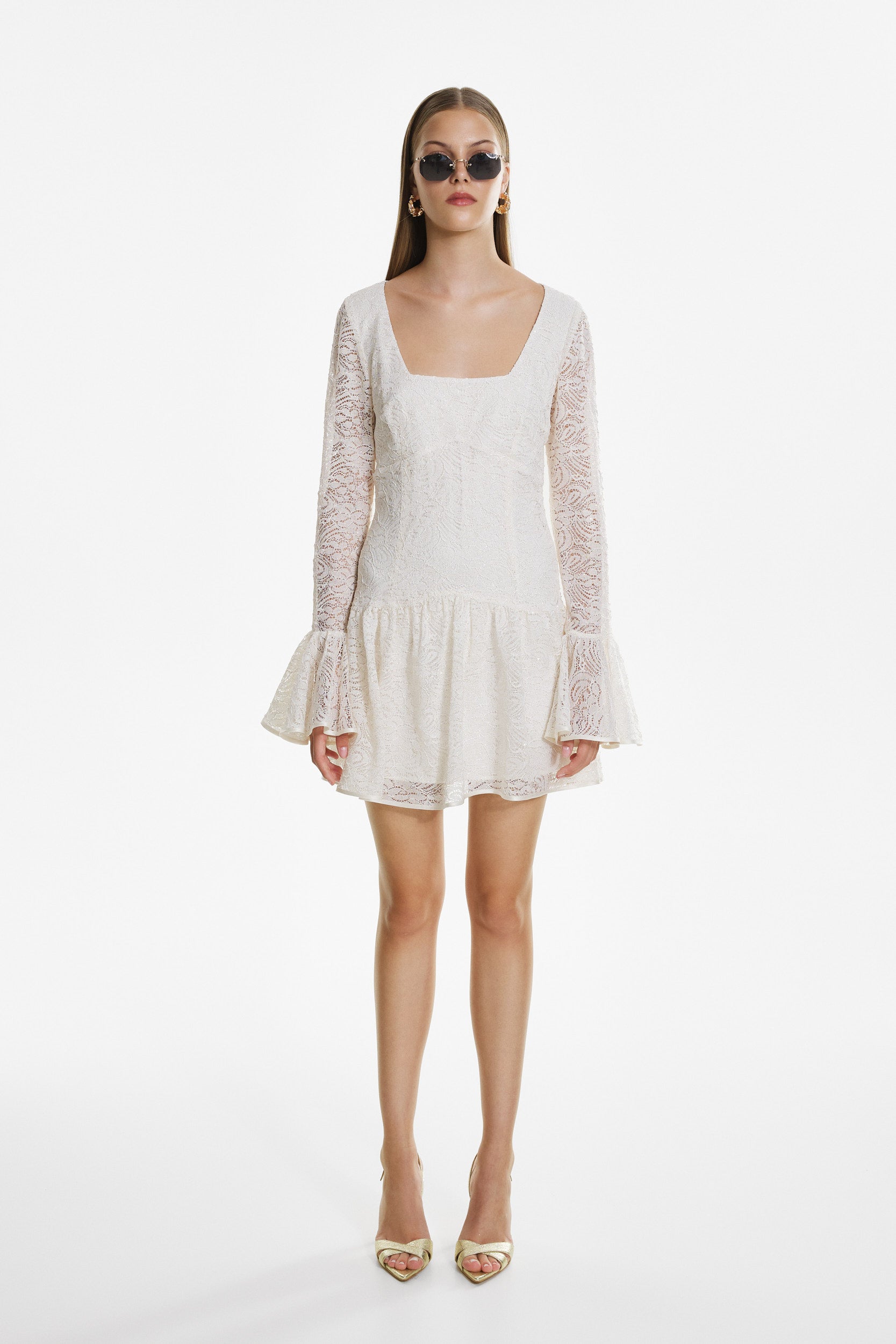 White lace mini dress with ruffles