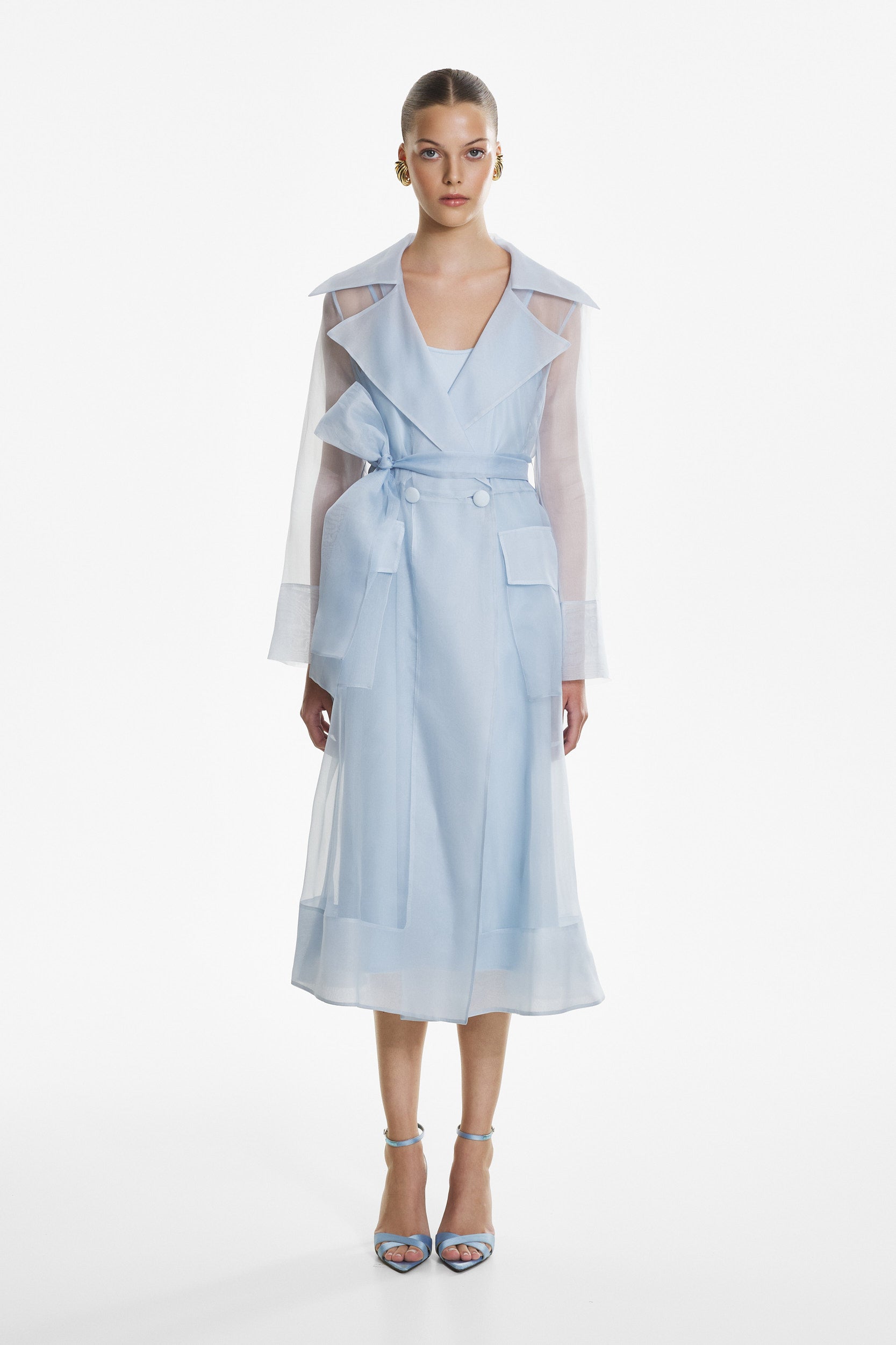 See through blue organza trench dress