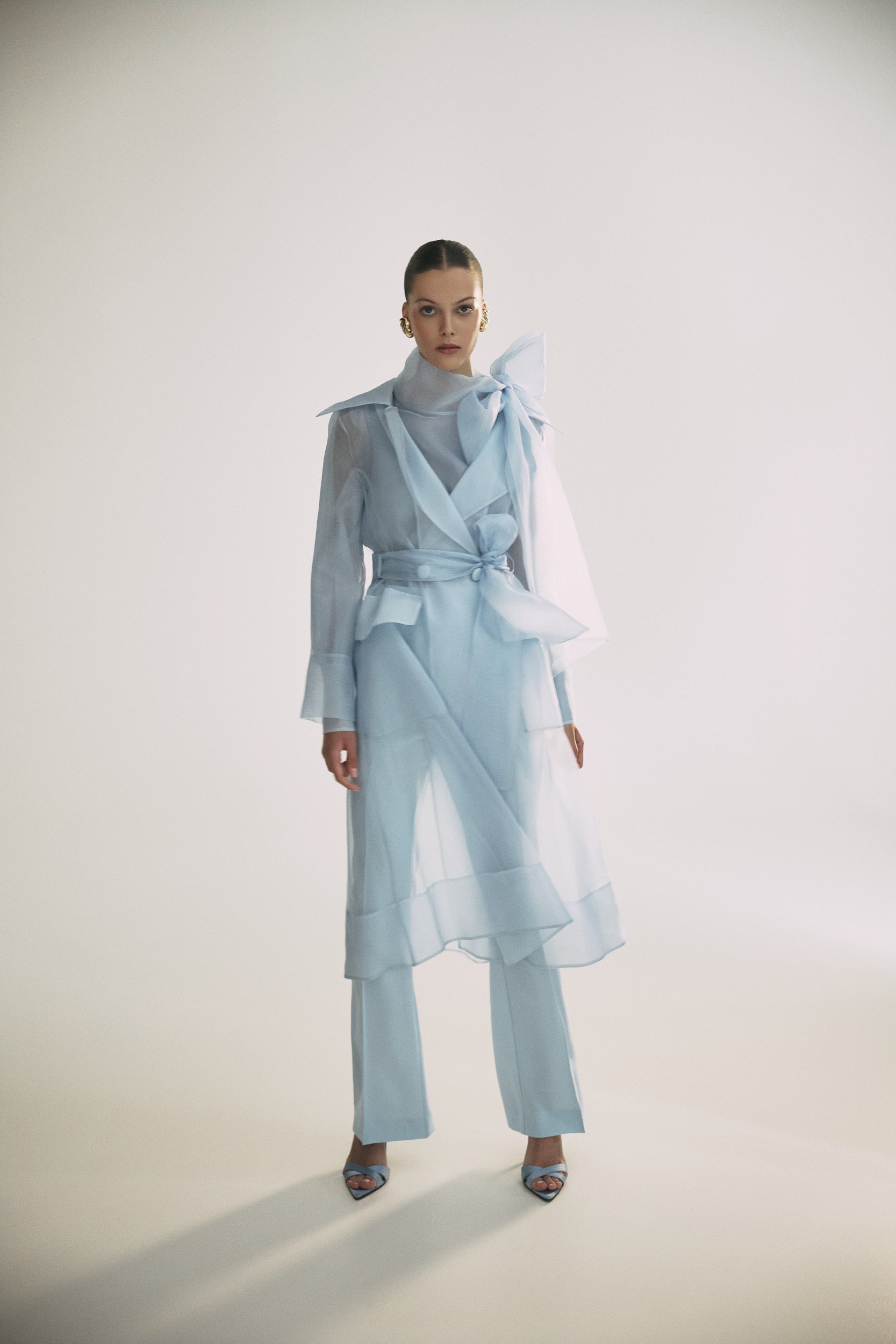 See through blue organza trench dress