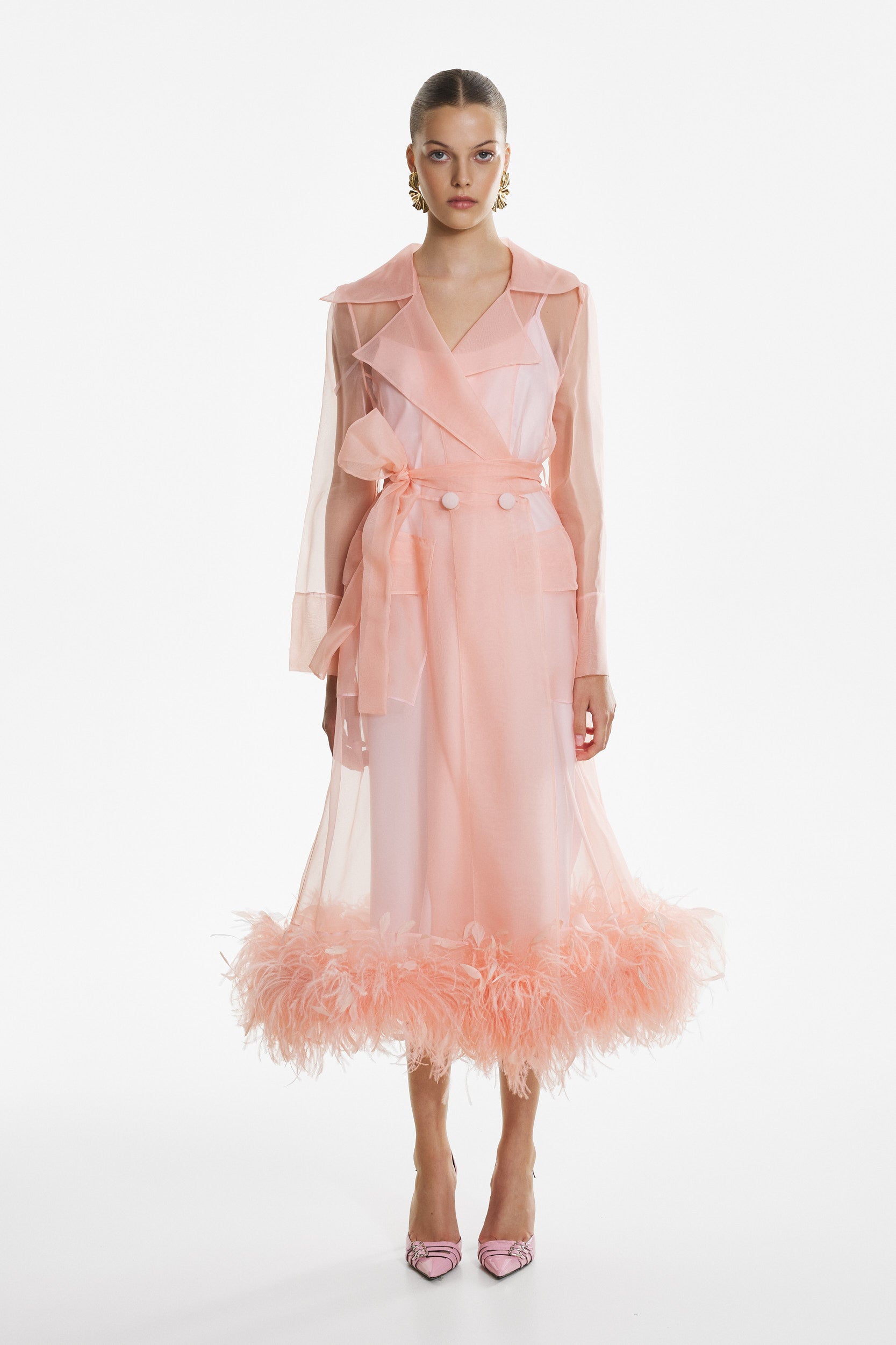Sheer organza trench dress in pink