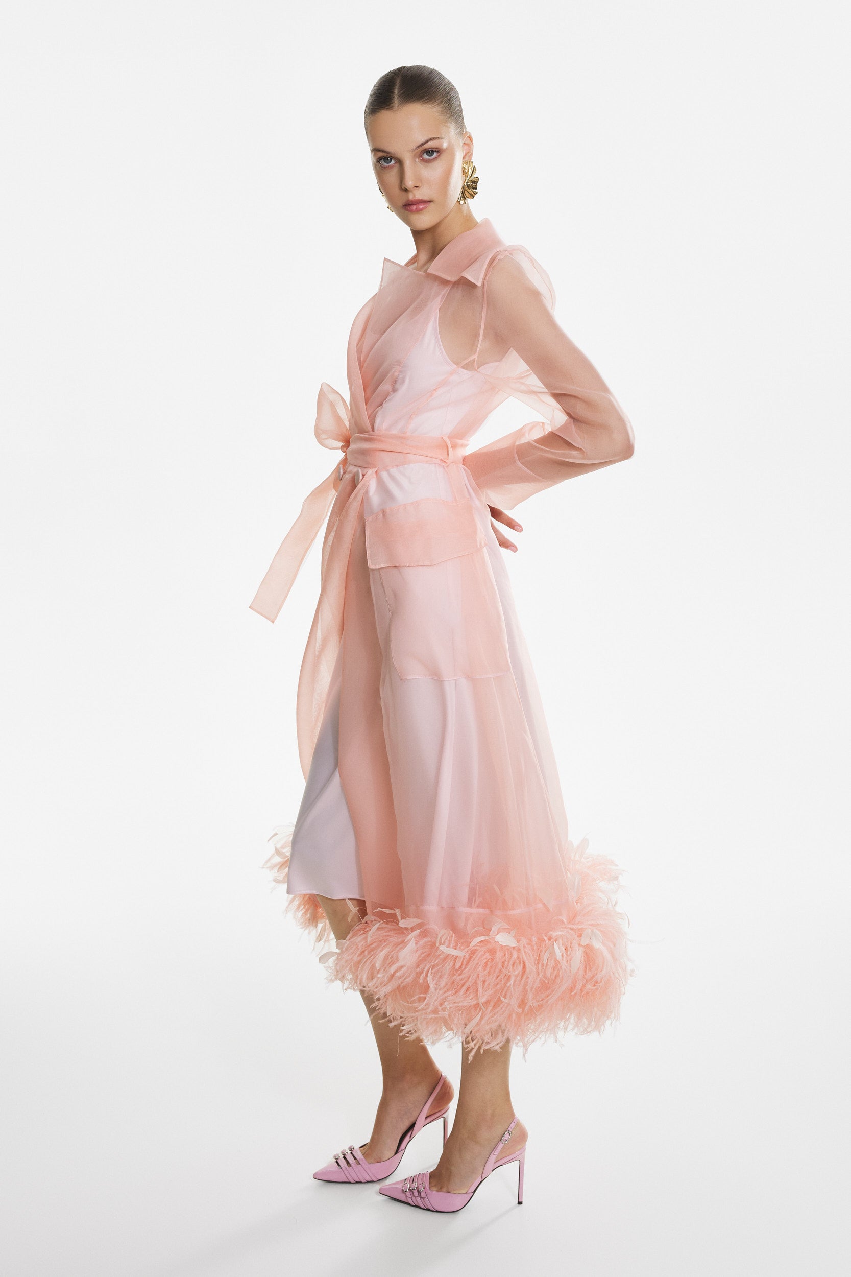 Sheer organza trench dress in pink