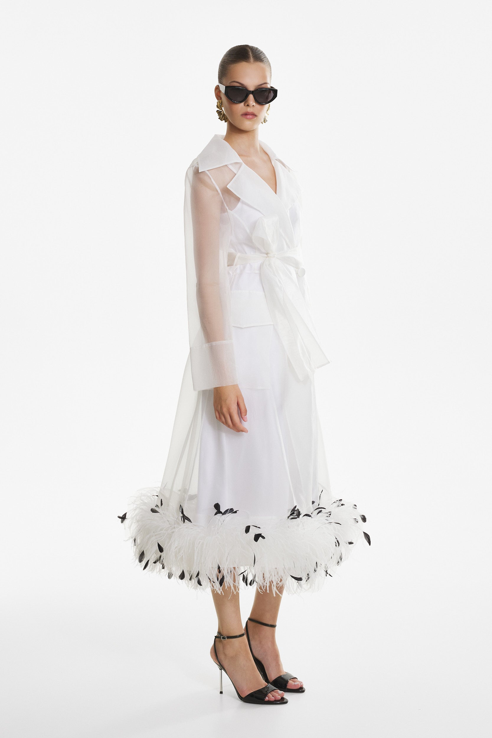 Sheer organza trench dress in white