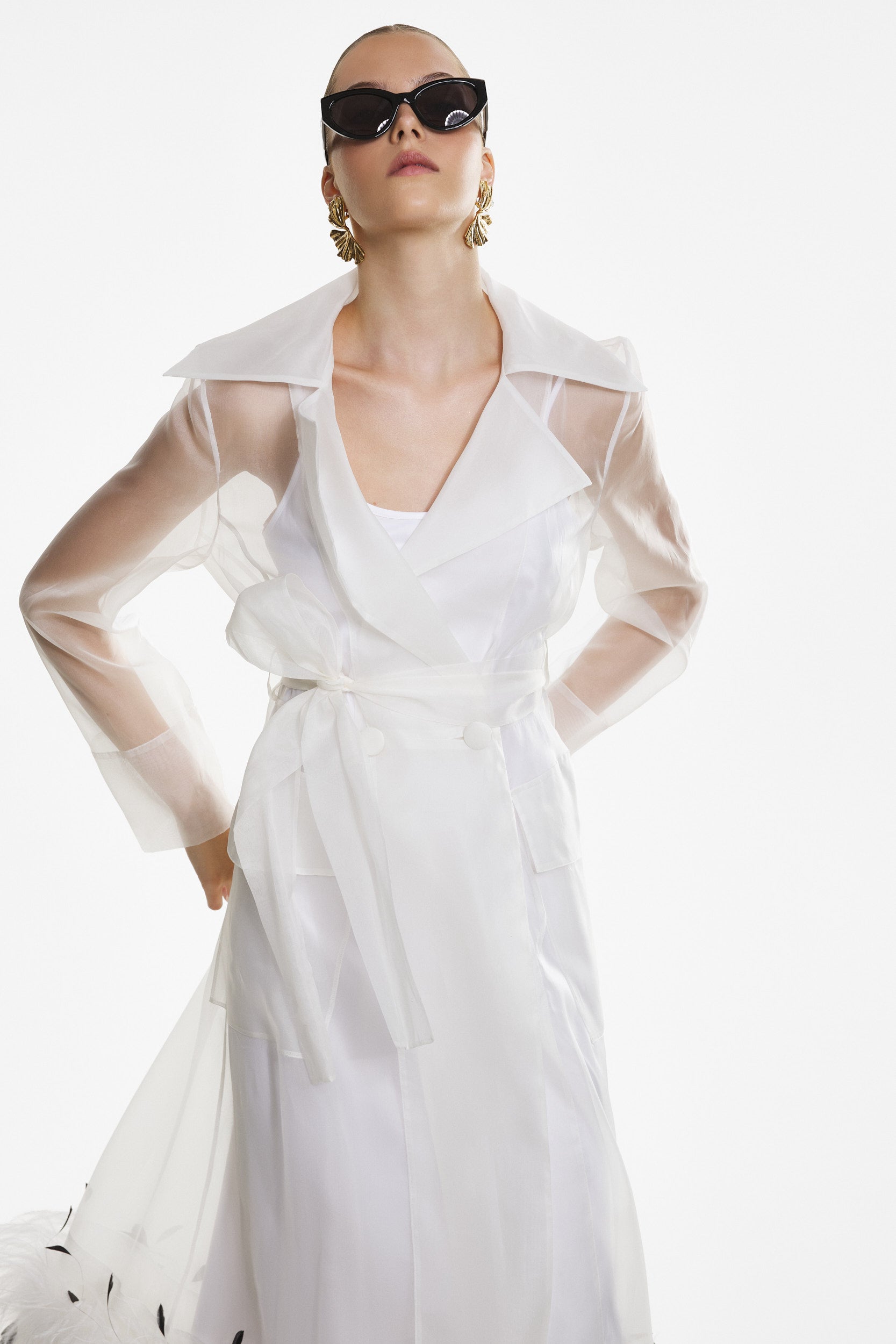 Sheer organza trench dress in white