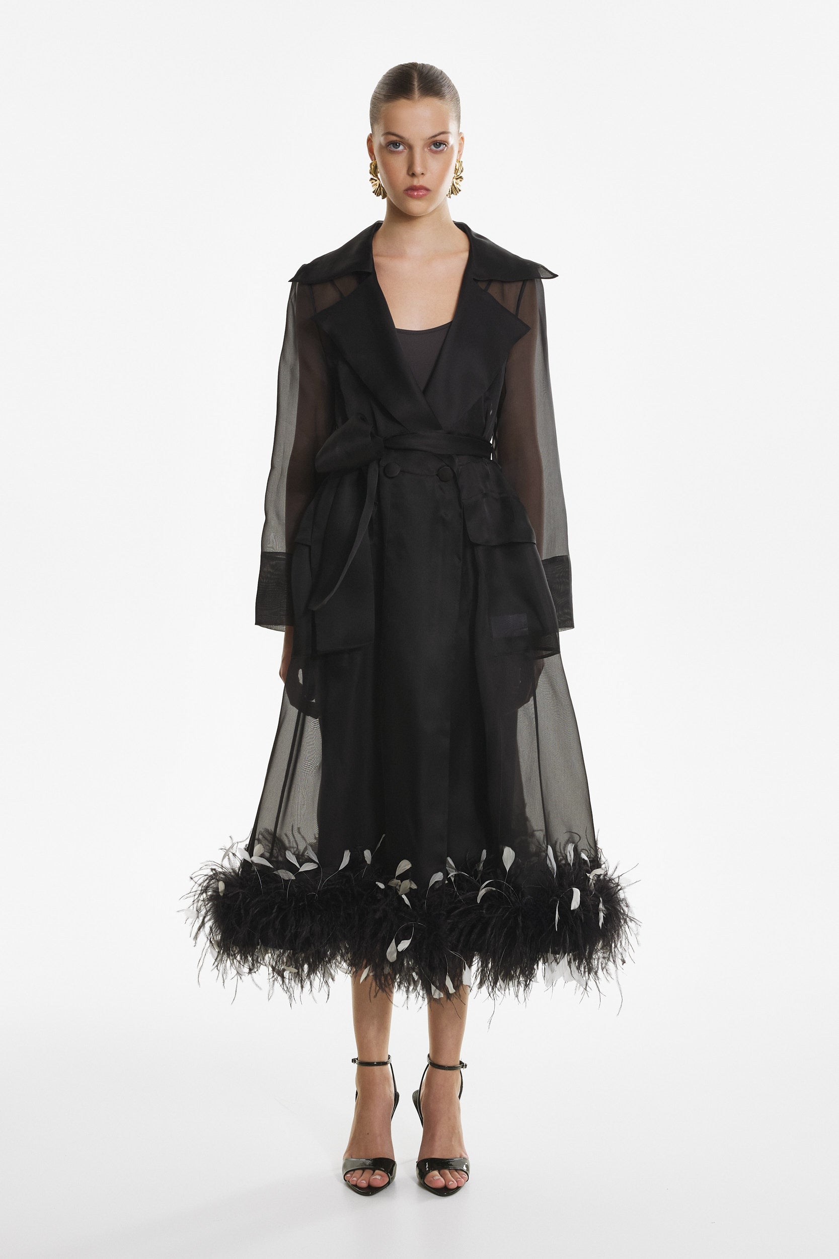 Sheer organza trench dress in black