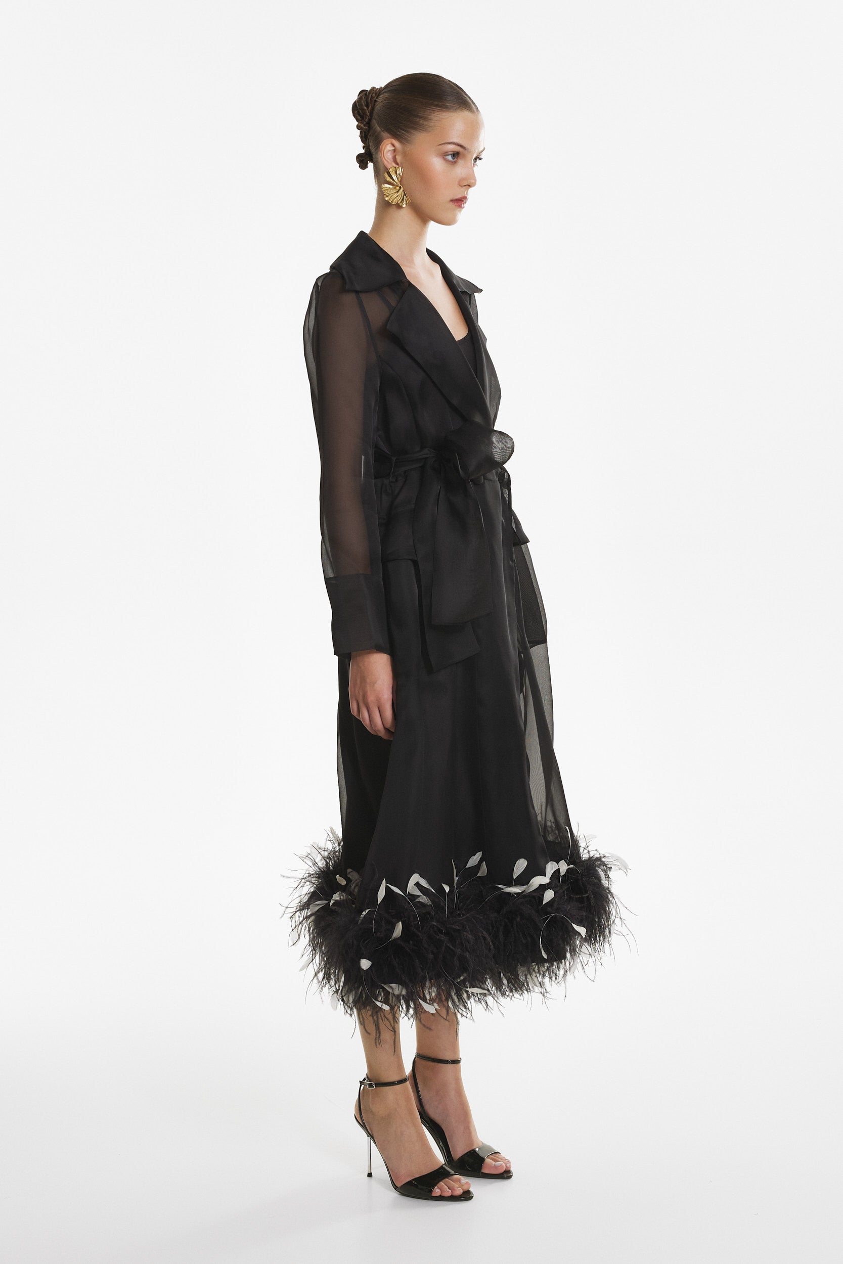 Sheer organza trench dress in black
