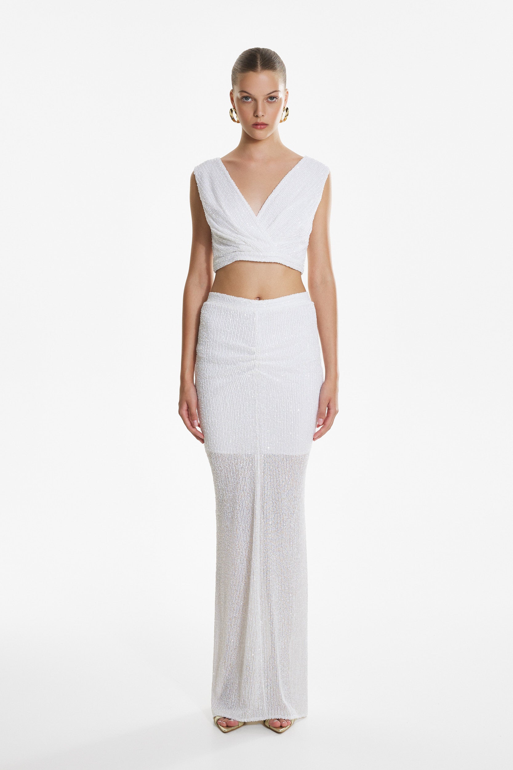 Sequin v-neck top in white