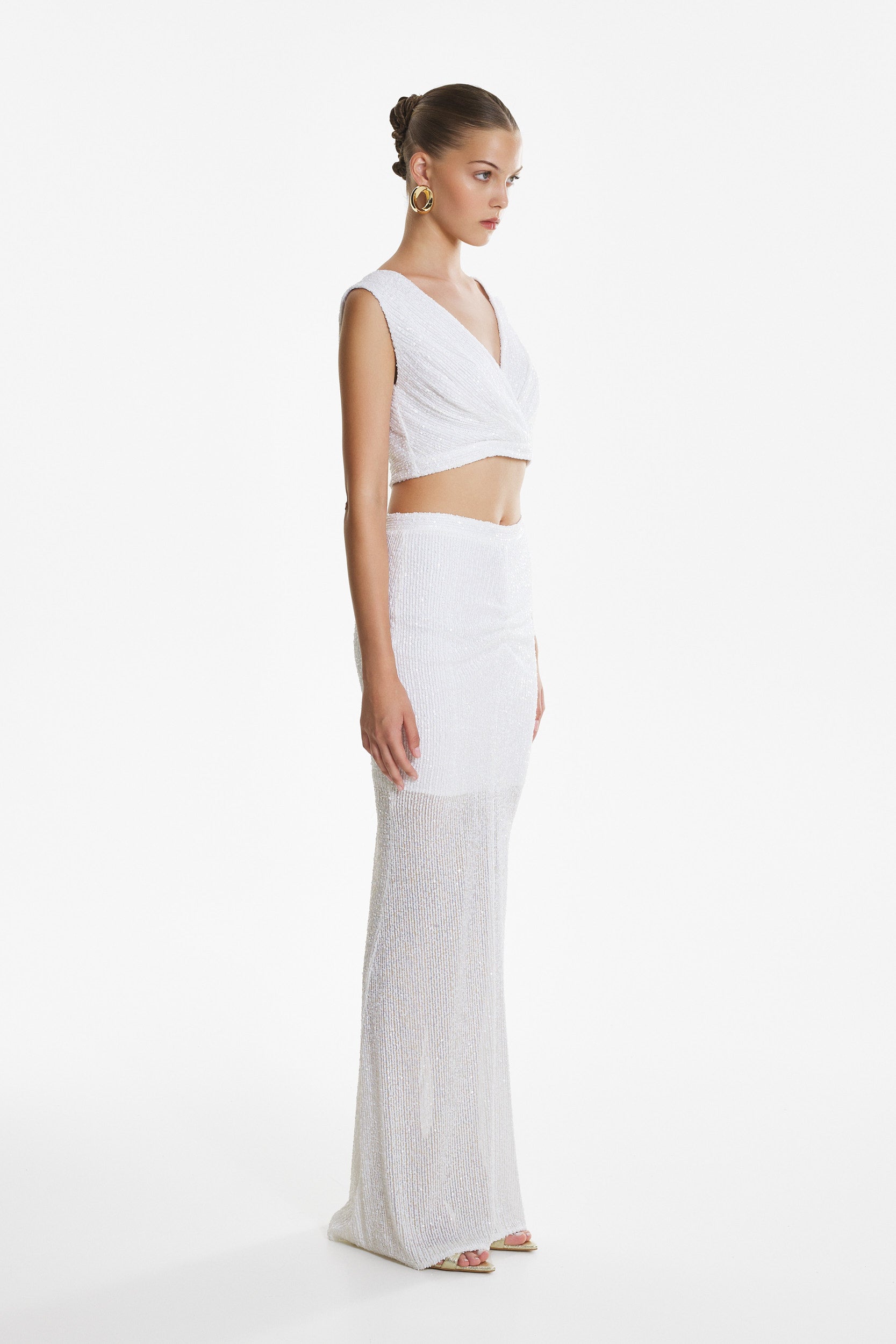 Sequin v-neck top in white
