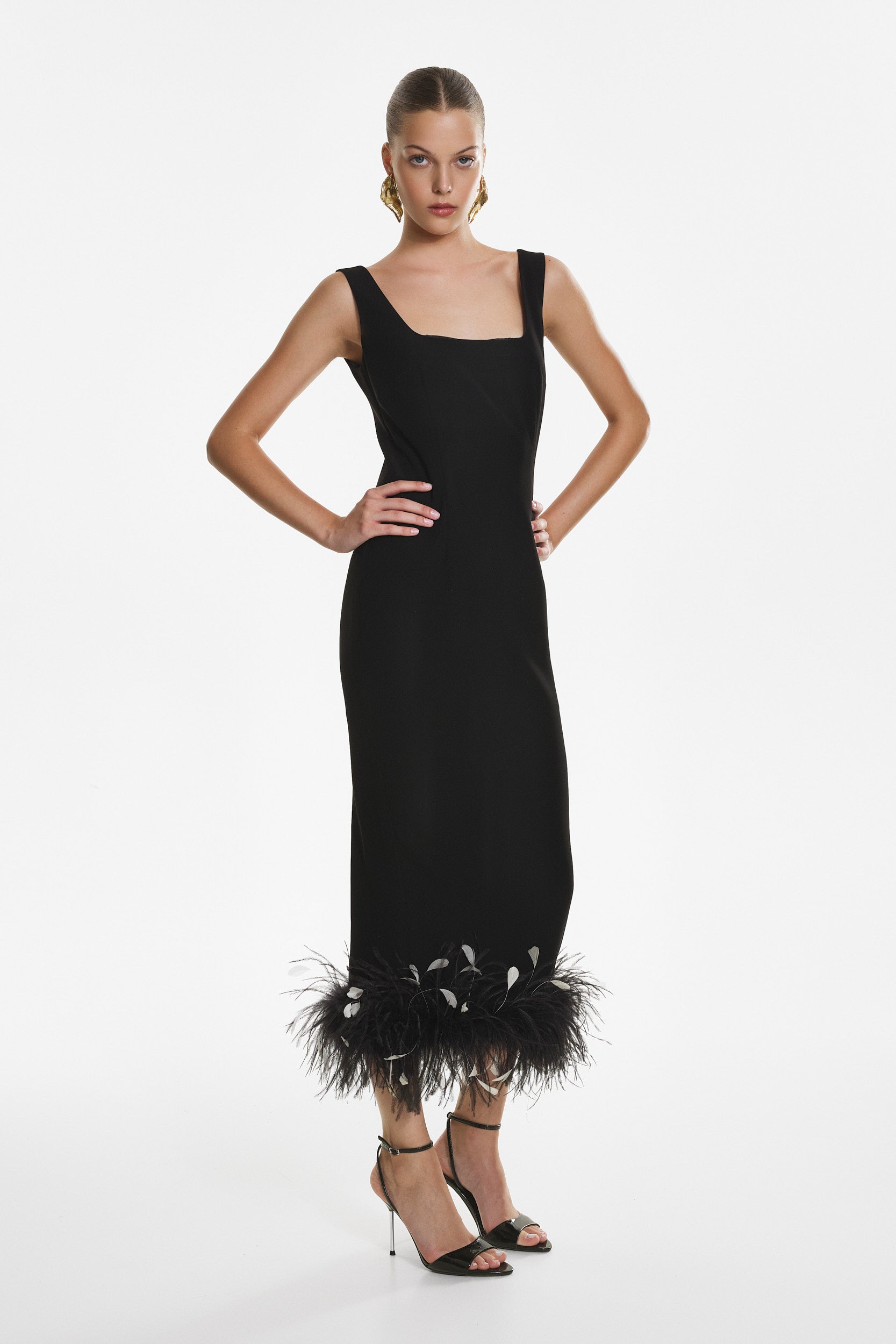 Black crepe feather midi dress