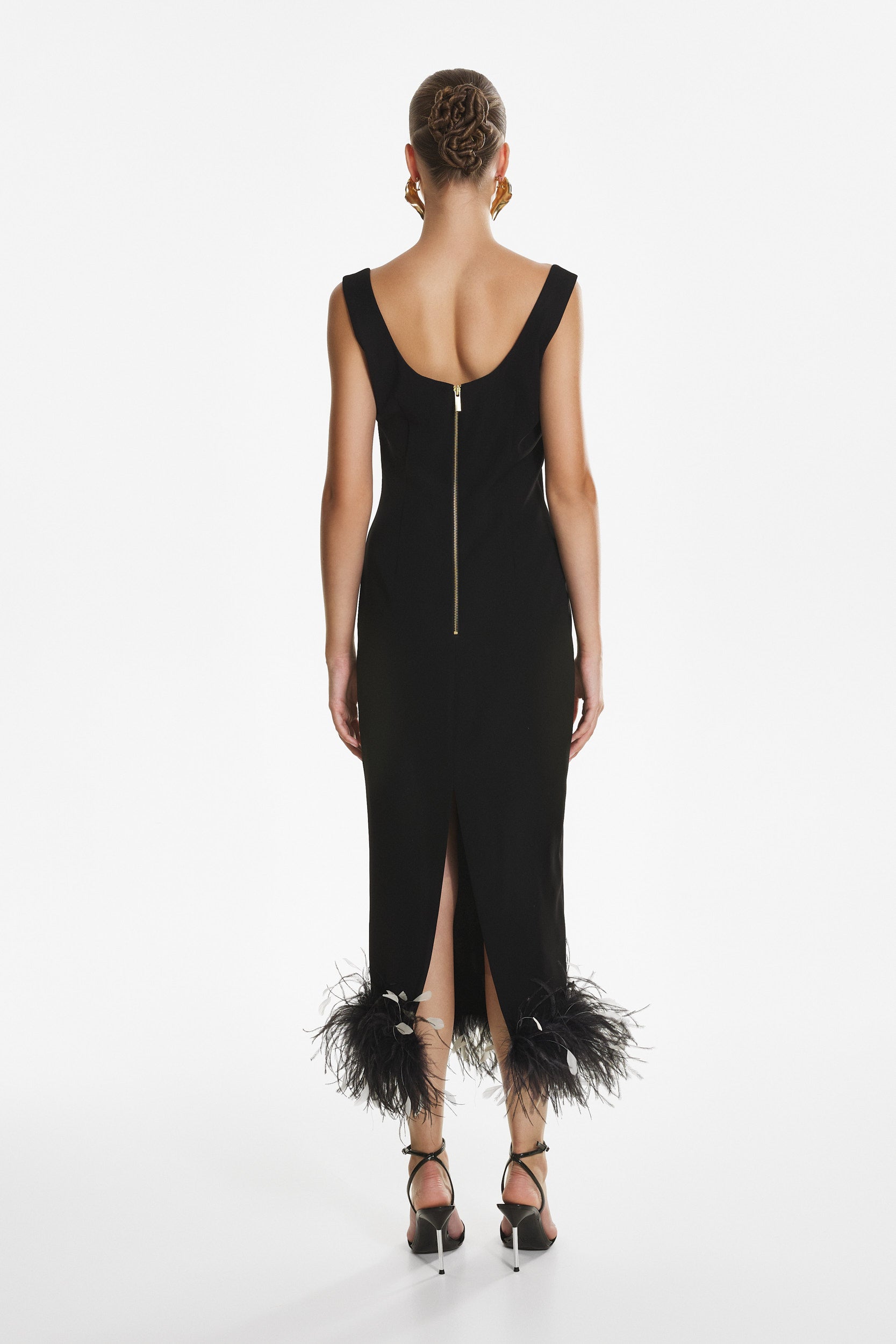 Black crepe feather midi dress