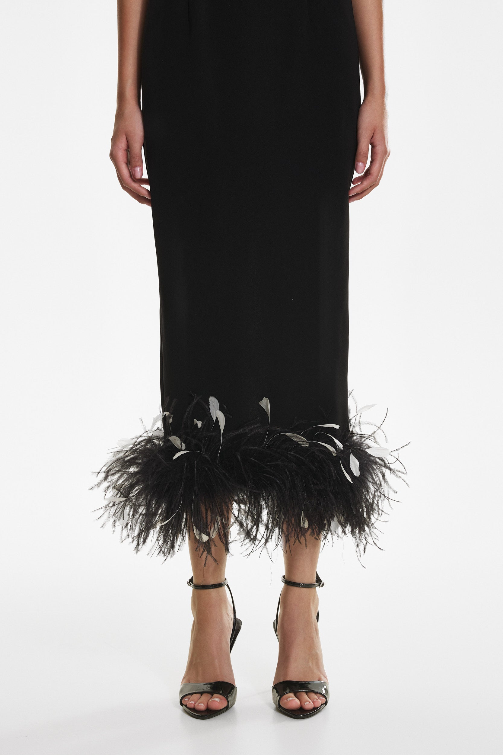 Black crepe feather midi dress