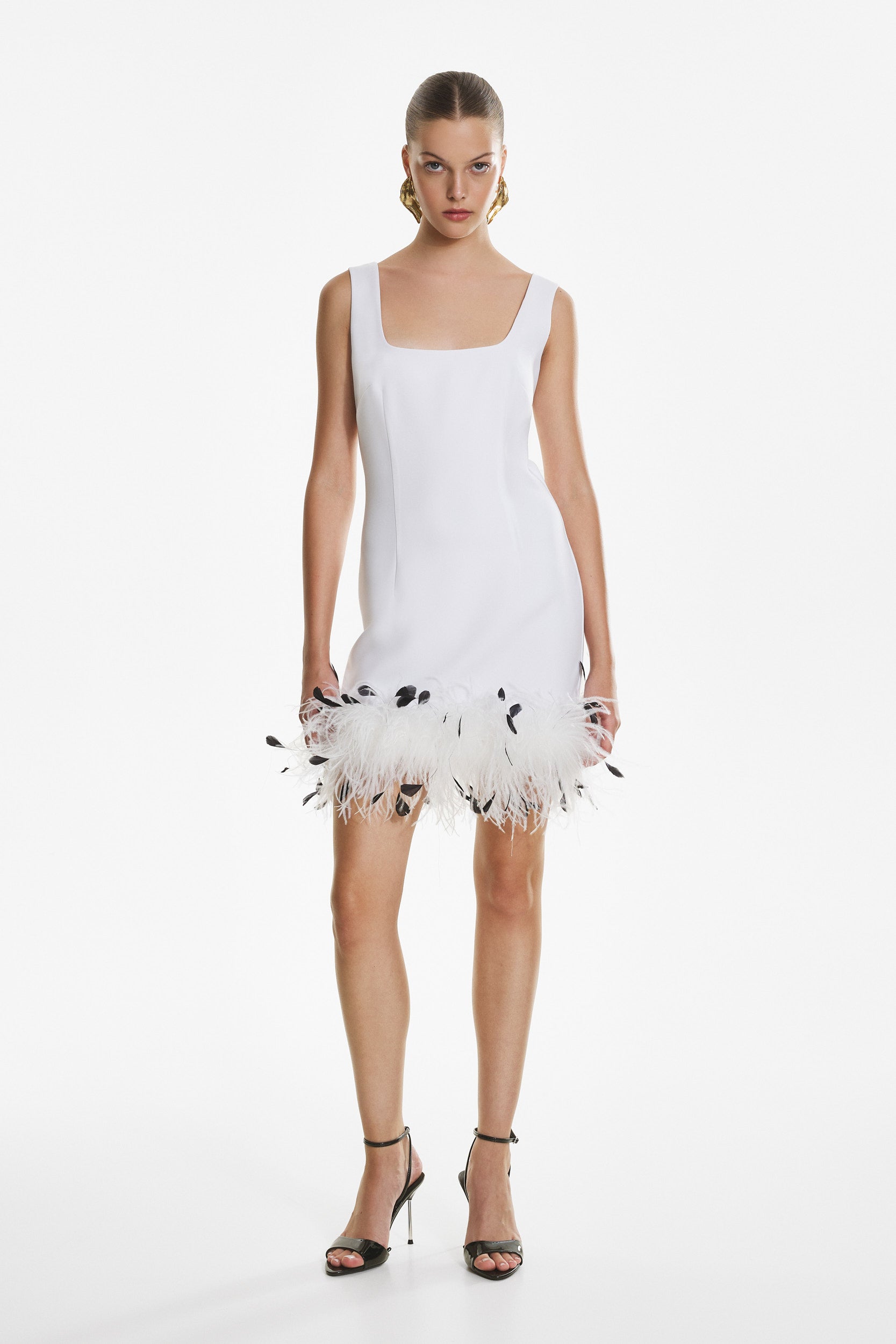 White crepe feather mini dress