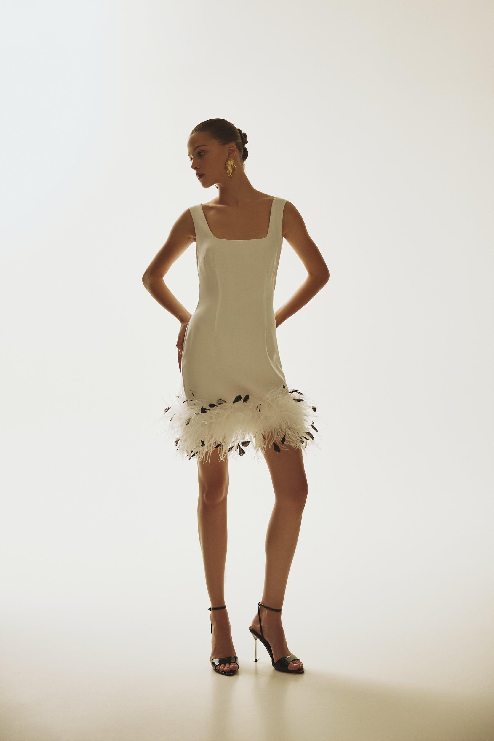 White crepe feather mini dress