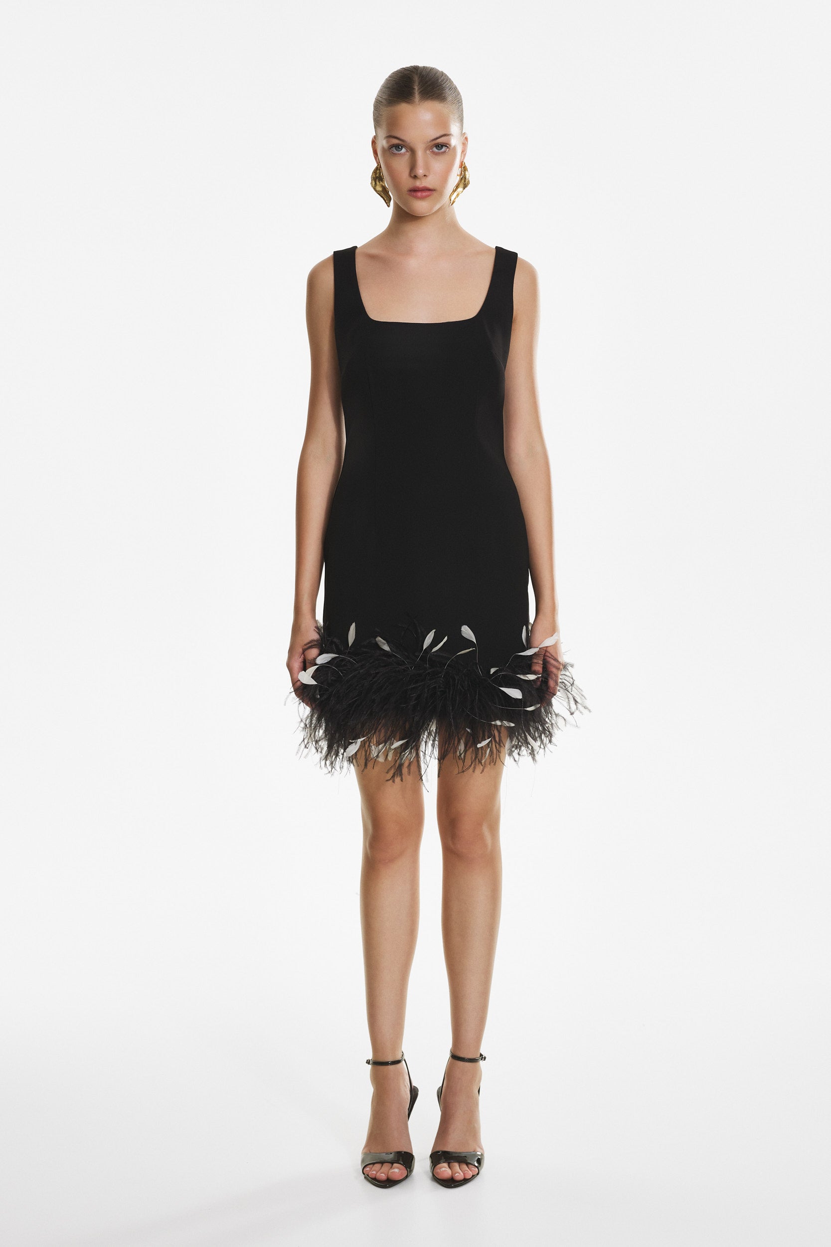 Black crepe feather mini dress