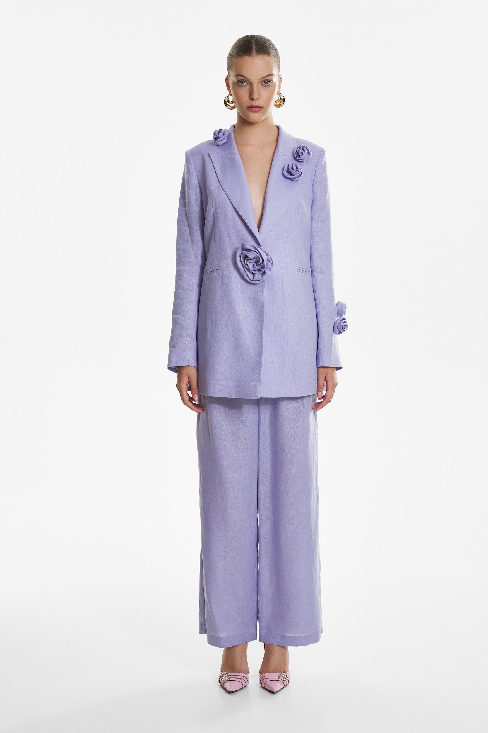 Rosette appliqué blazer in purple linen