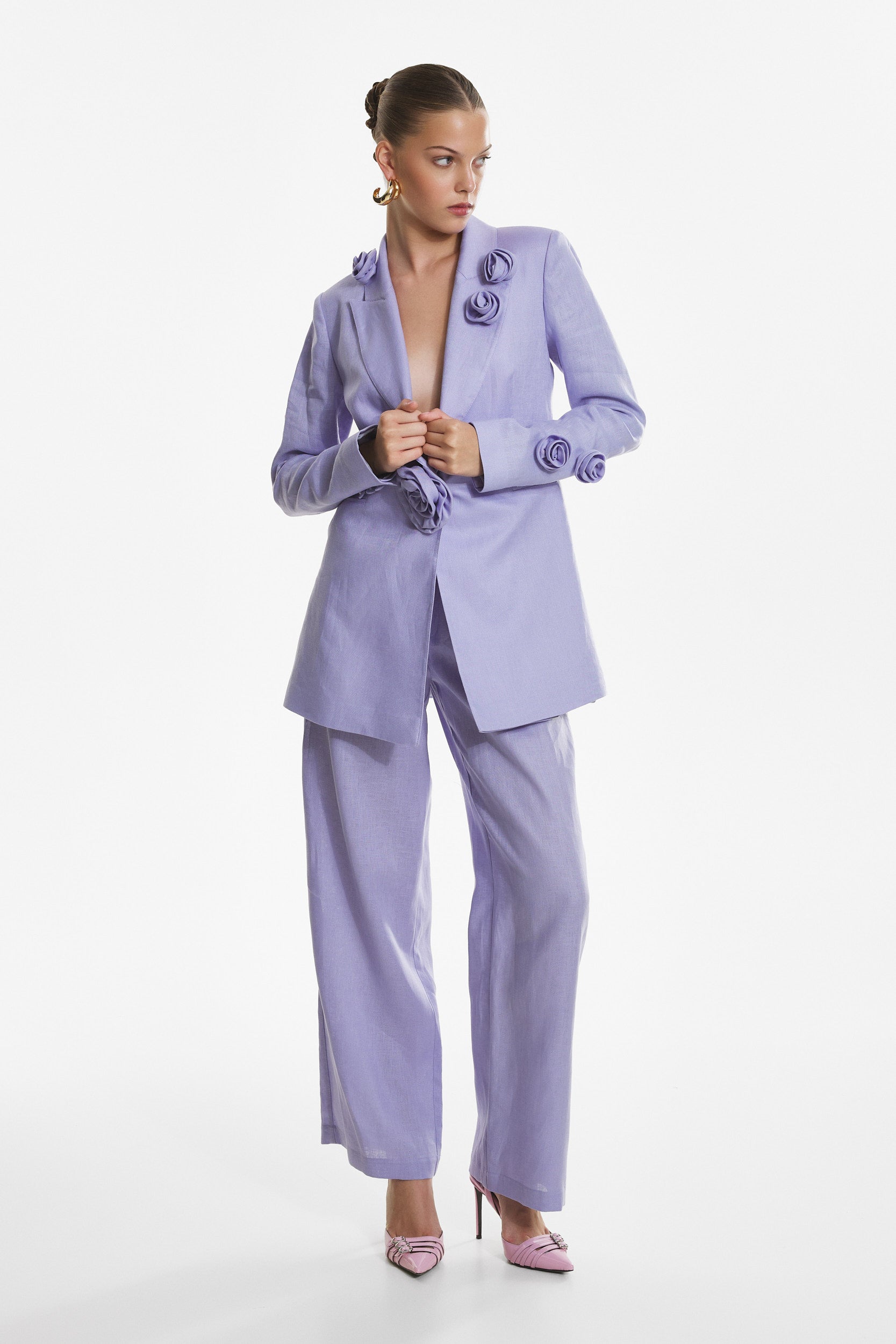 Rosette appliqué blazer in purple linen