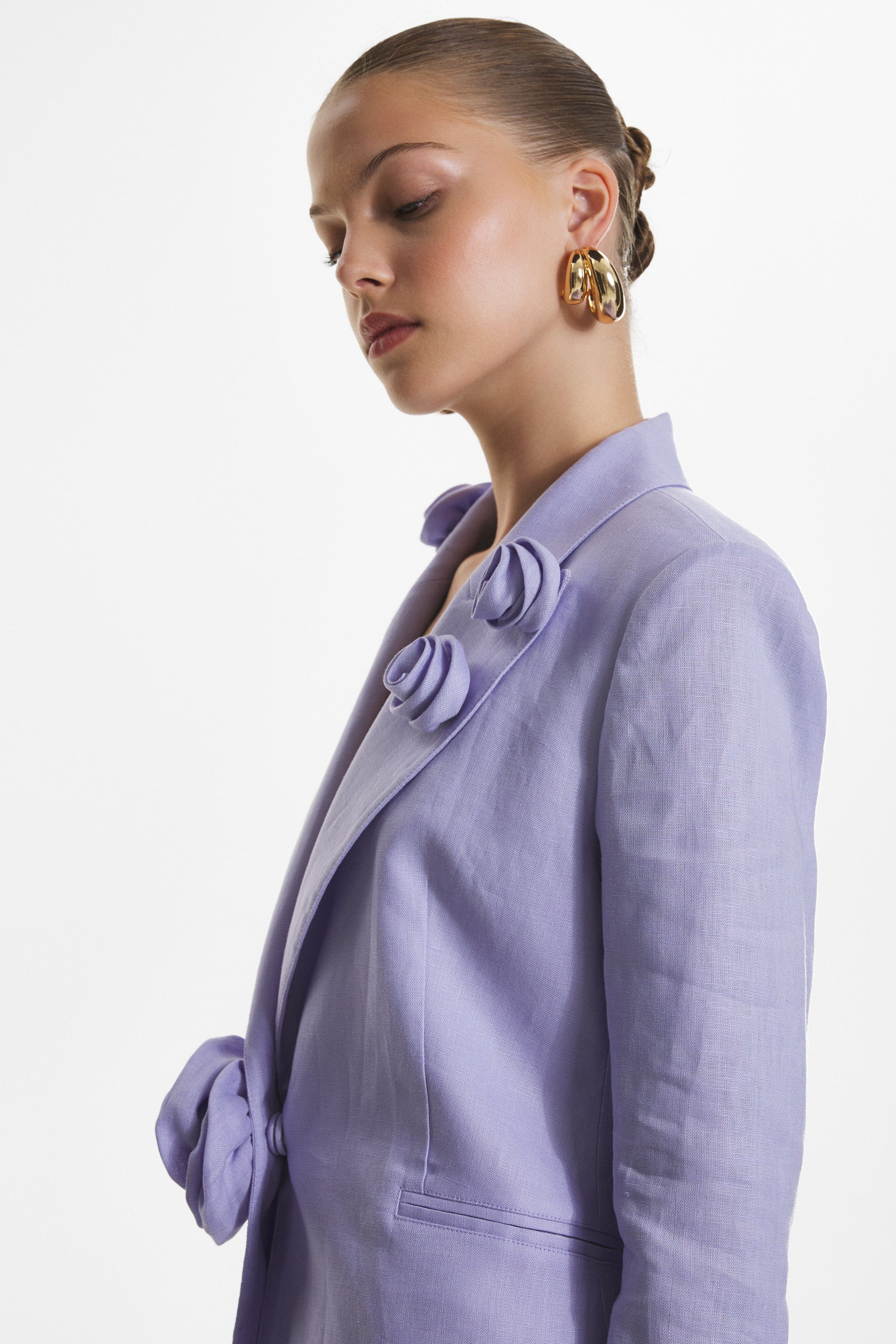 Rosette appliqué blazer in purple linen