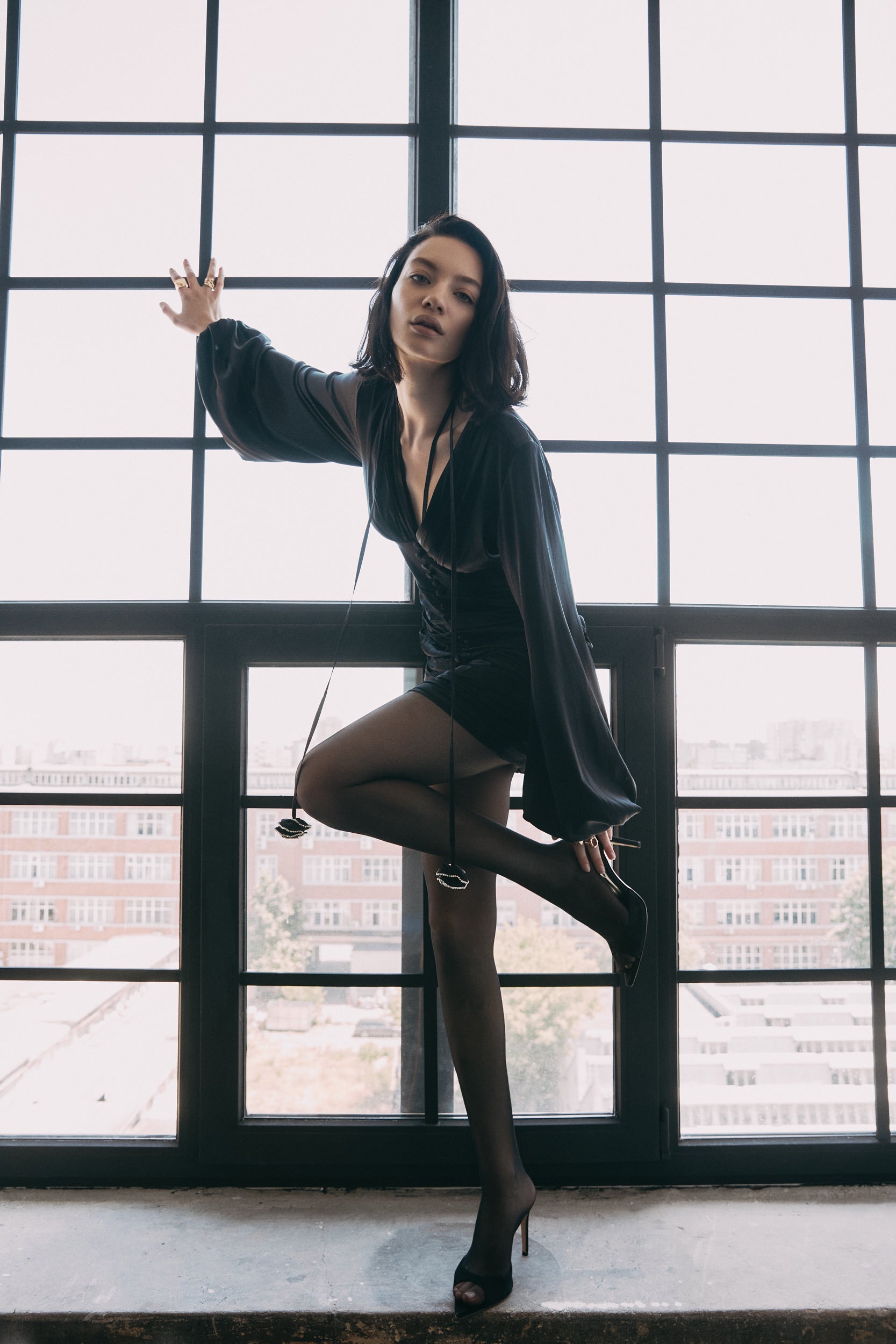 Ruched mini dress in black
