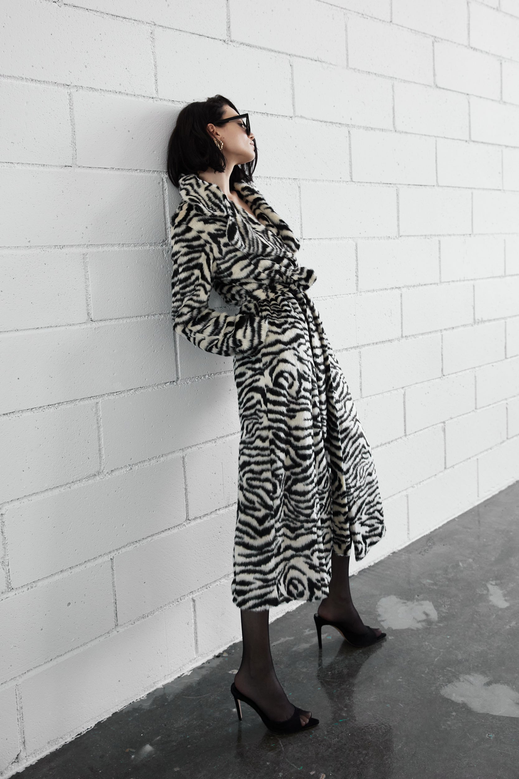 Long faux fur coat in zebra print