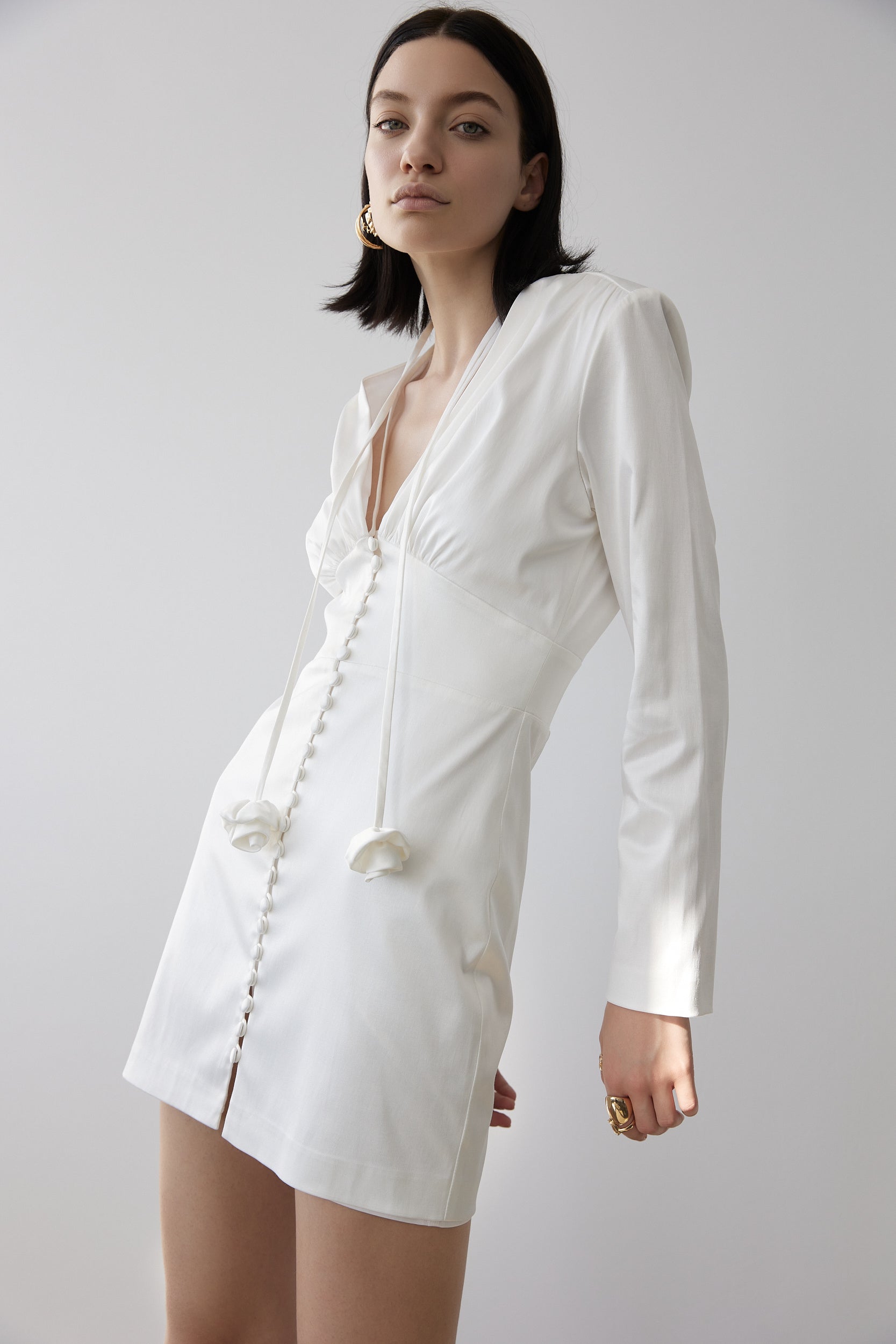 Button-up satin mini dress in white