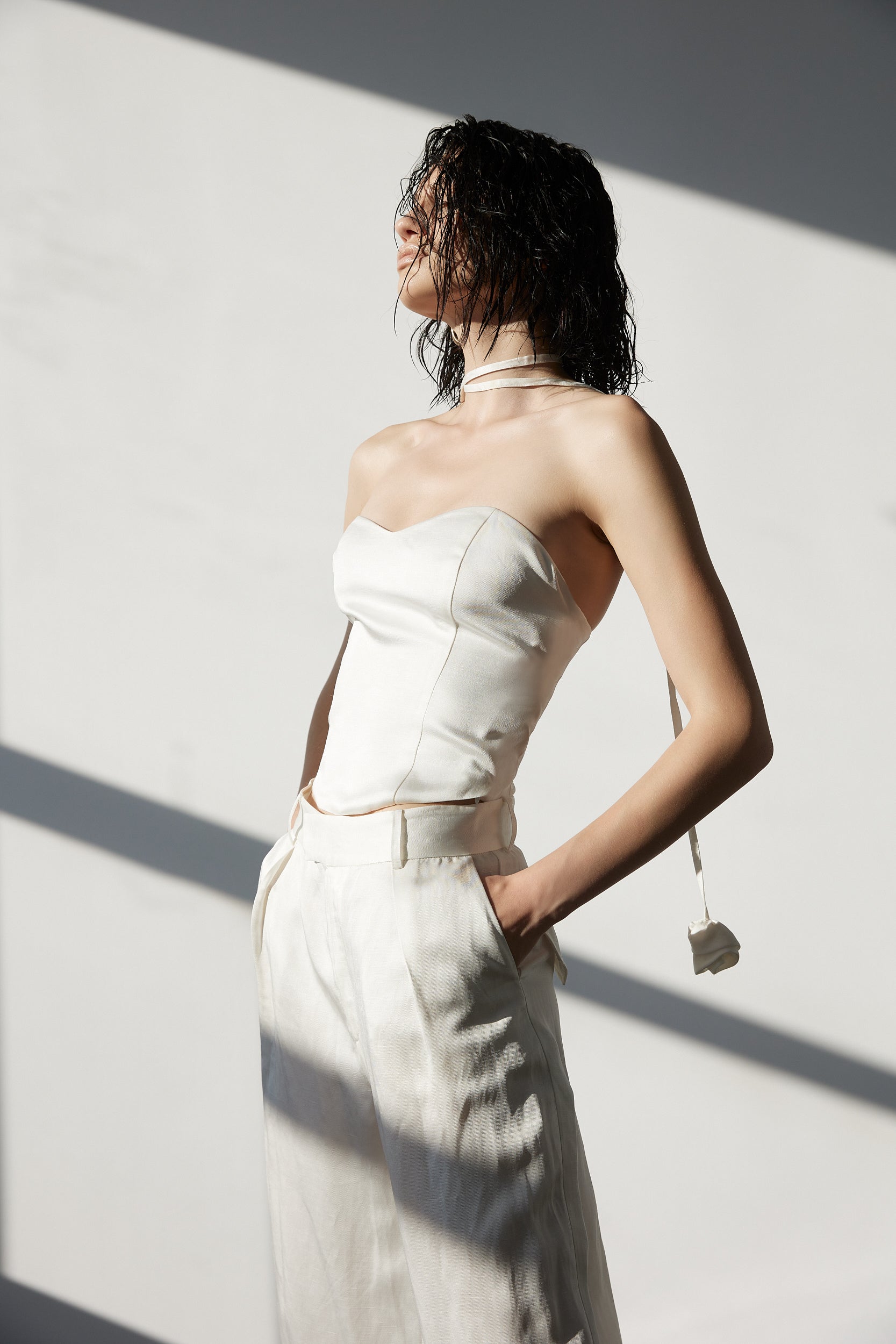 Wide-leg trousers in white linen