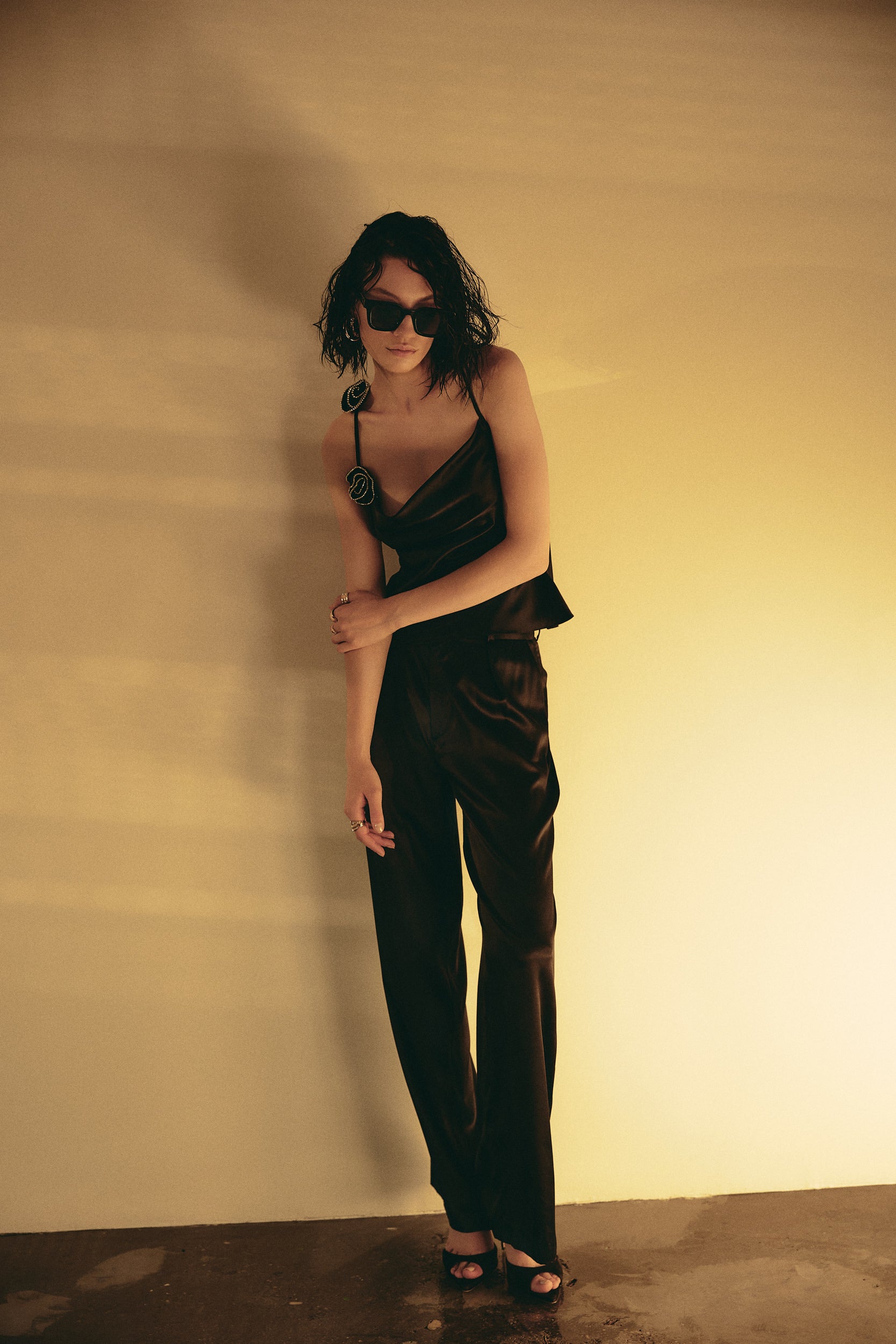 Wide-leg silk trousers in black