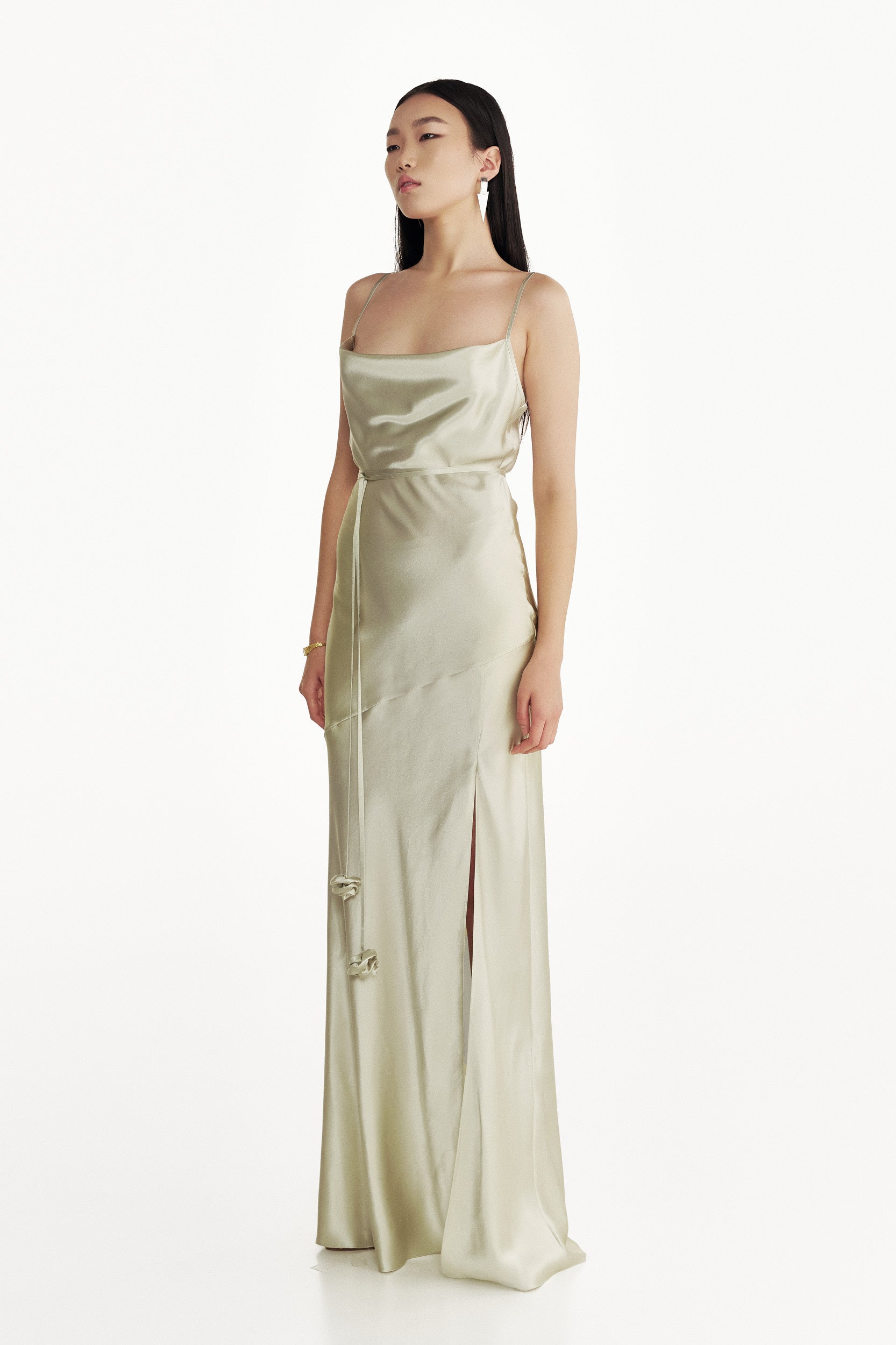 Floor-length silk dress in green