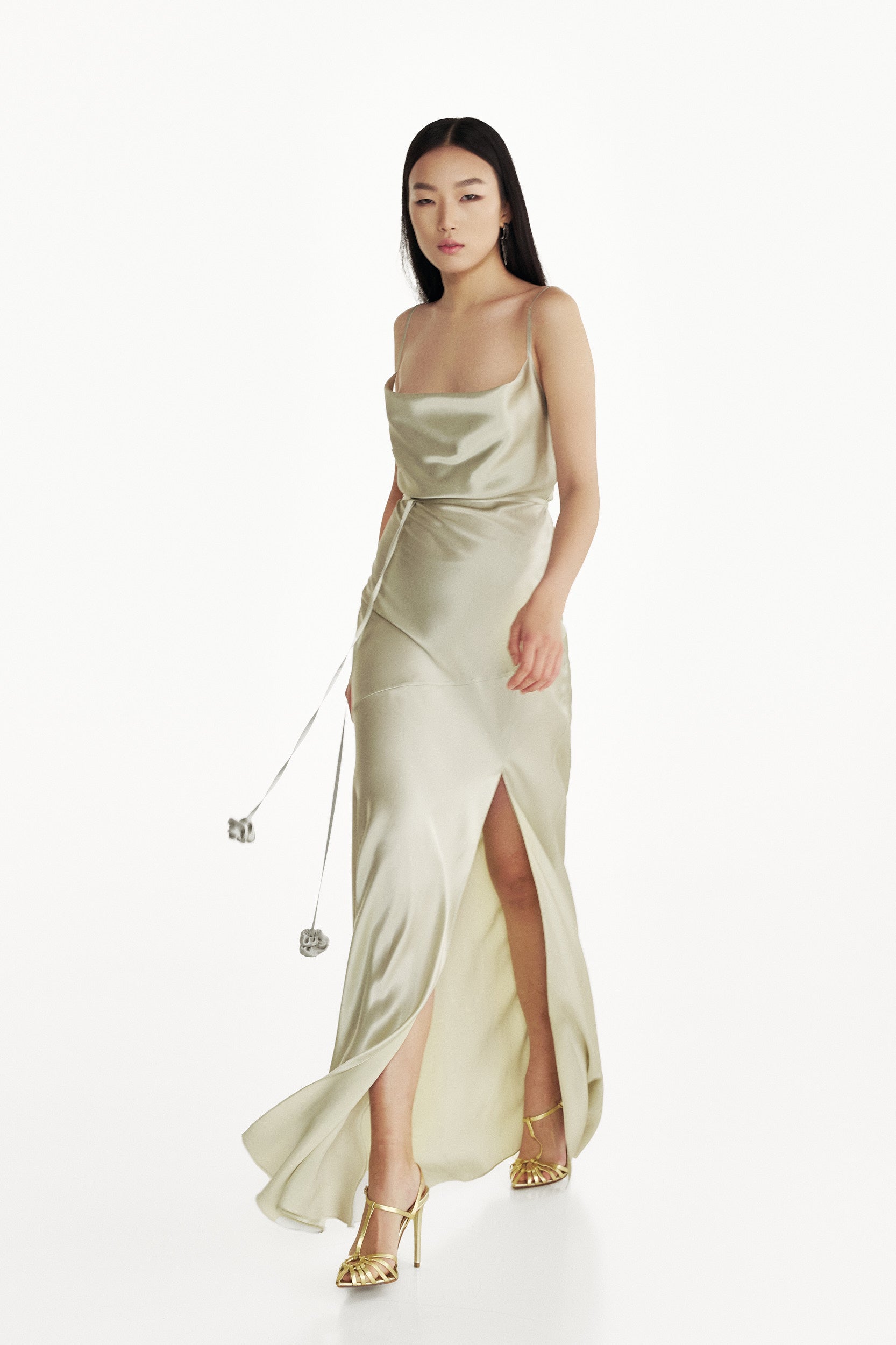 Floor-length silk dress in green