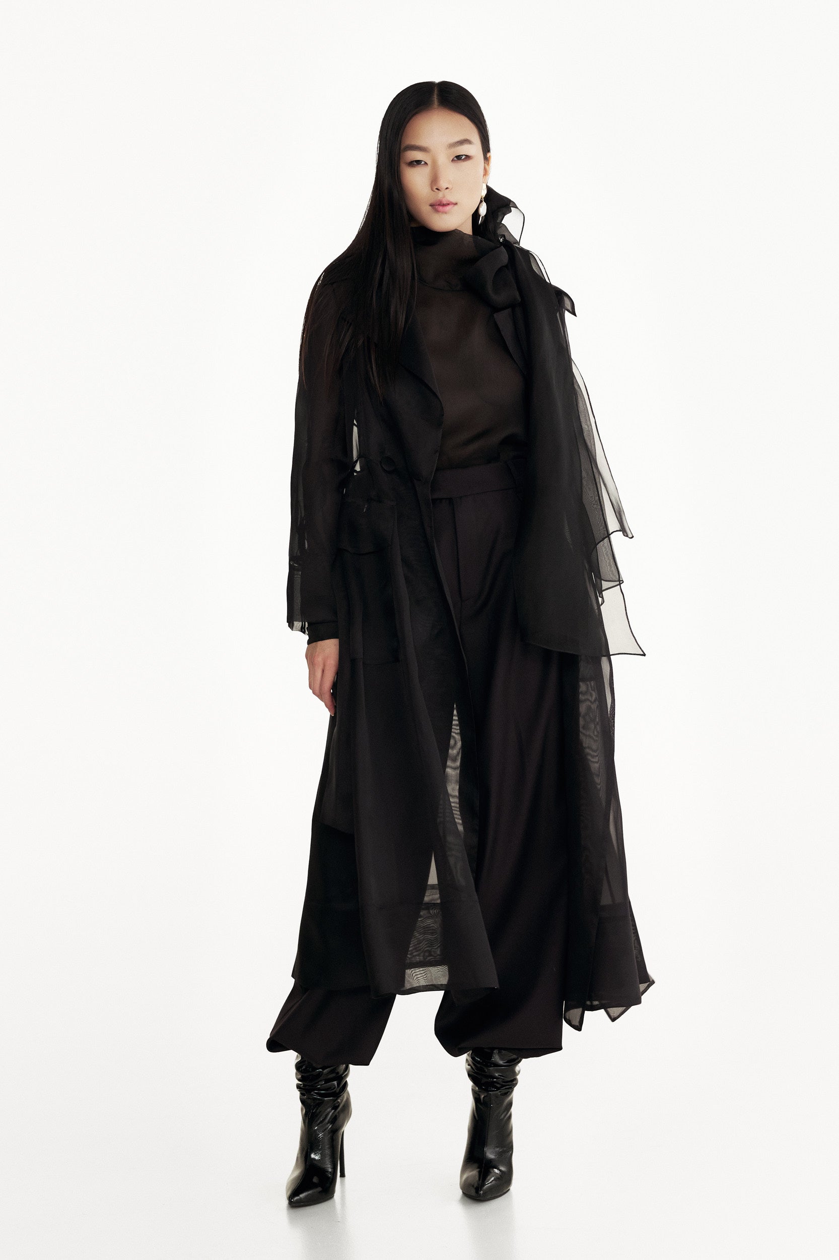 See through black organza trench coat
