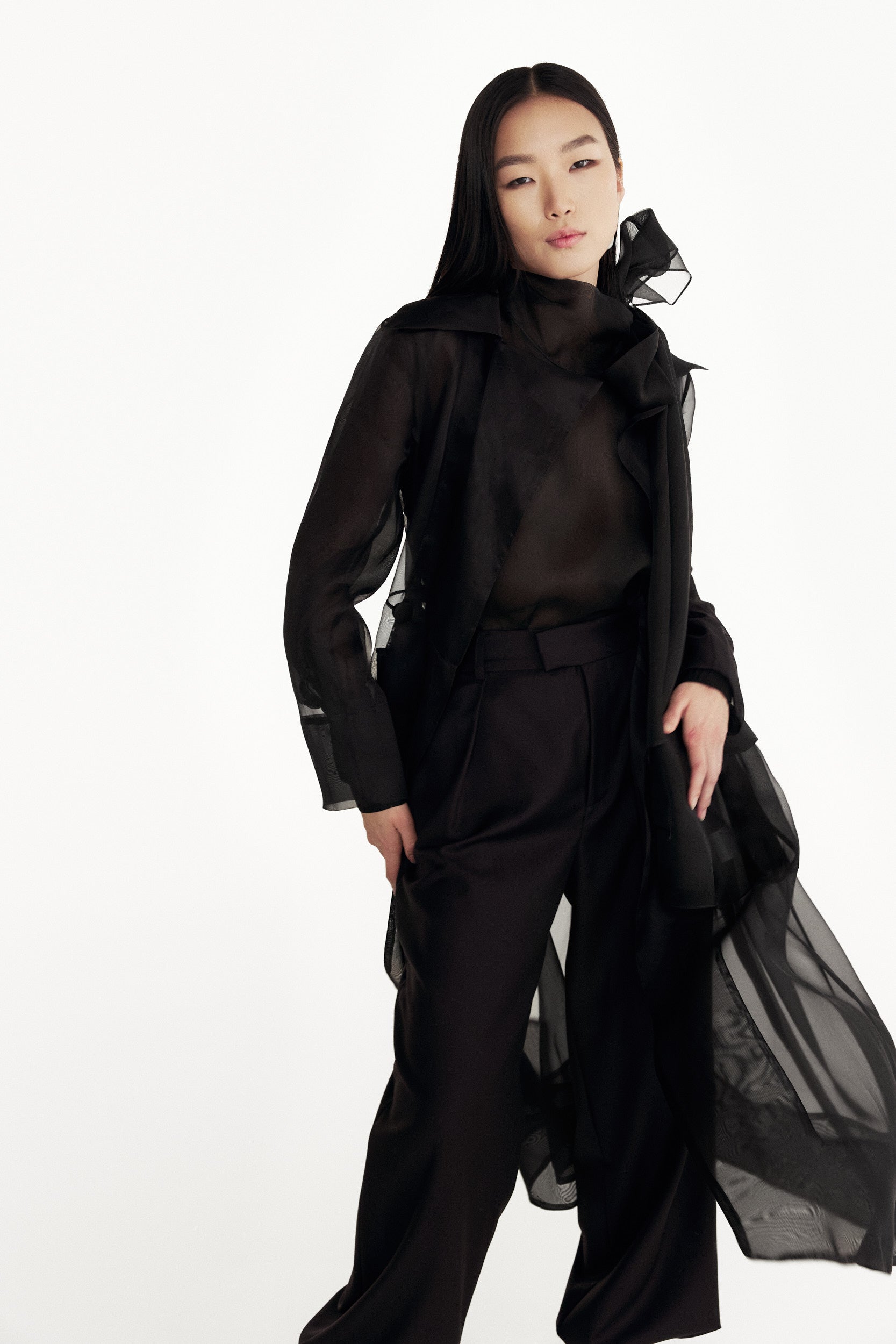 See through black organza trench coat