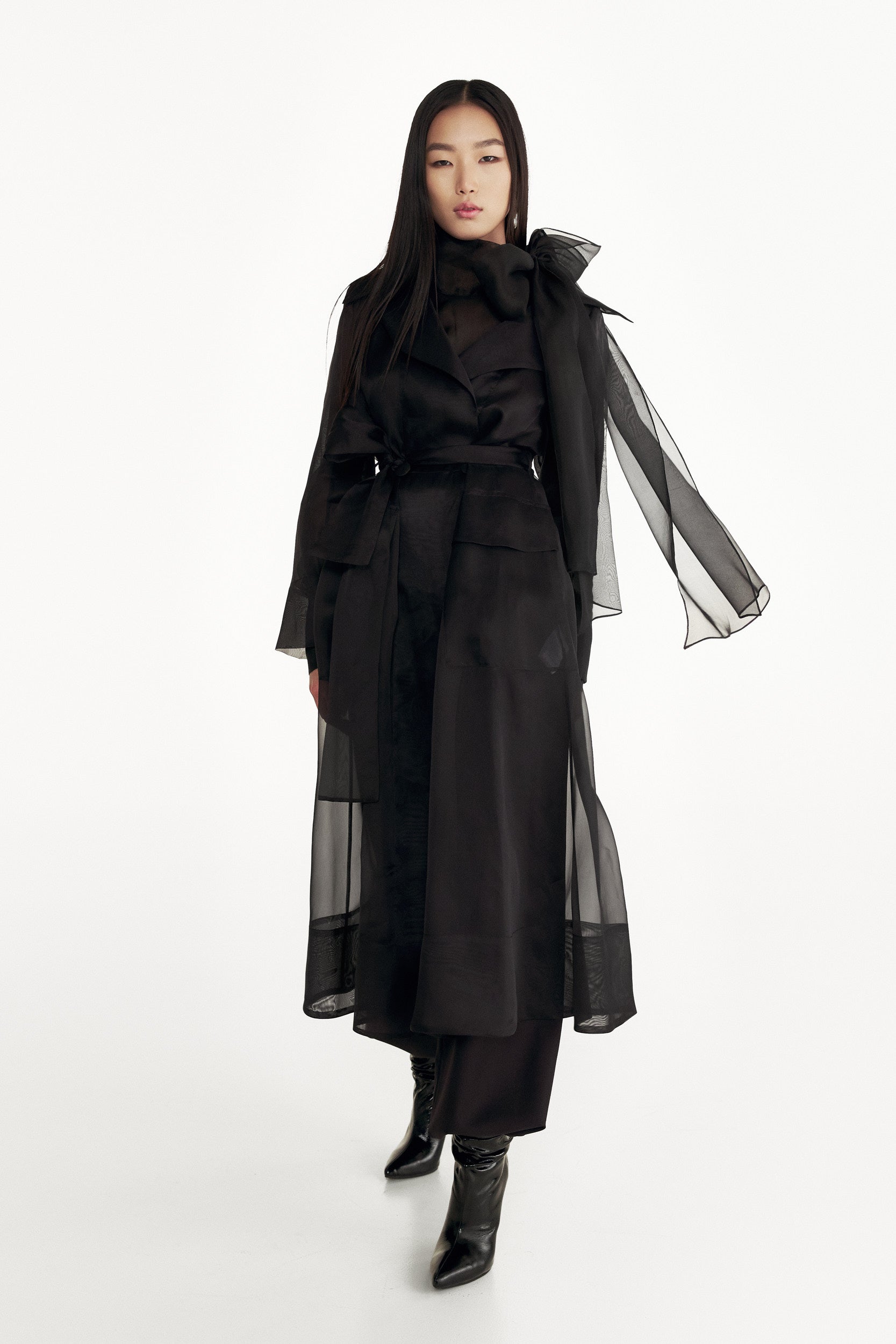 See through black organza trench coat