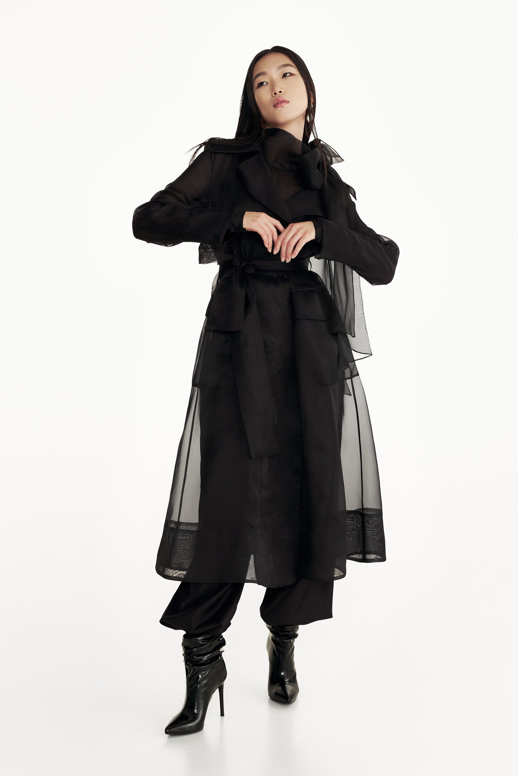See through black organza trench coat