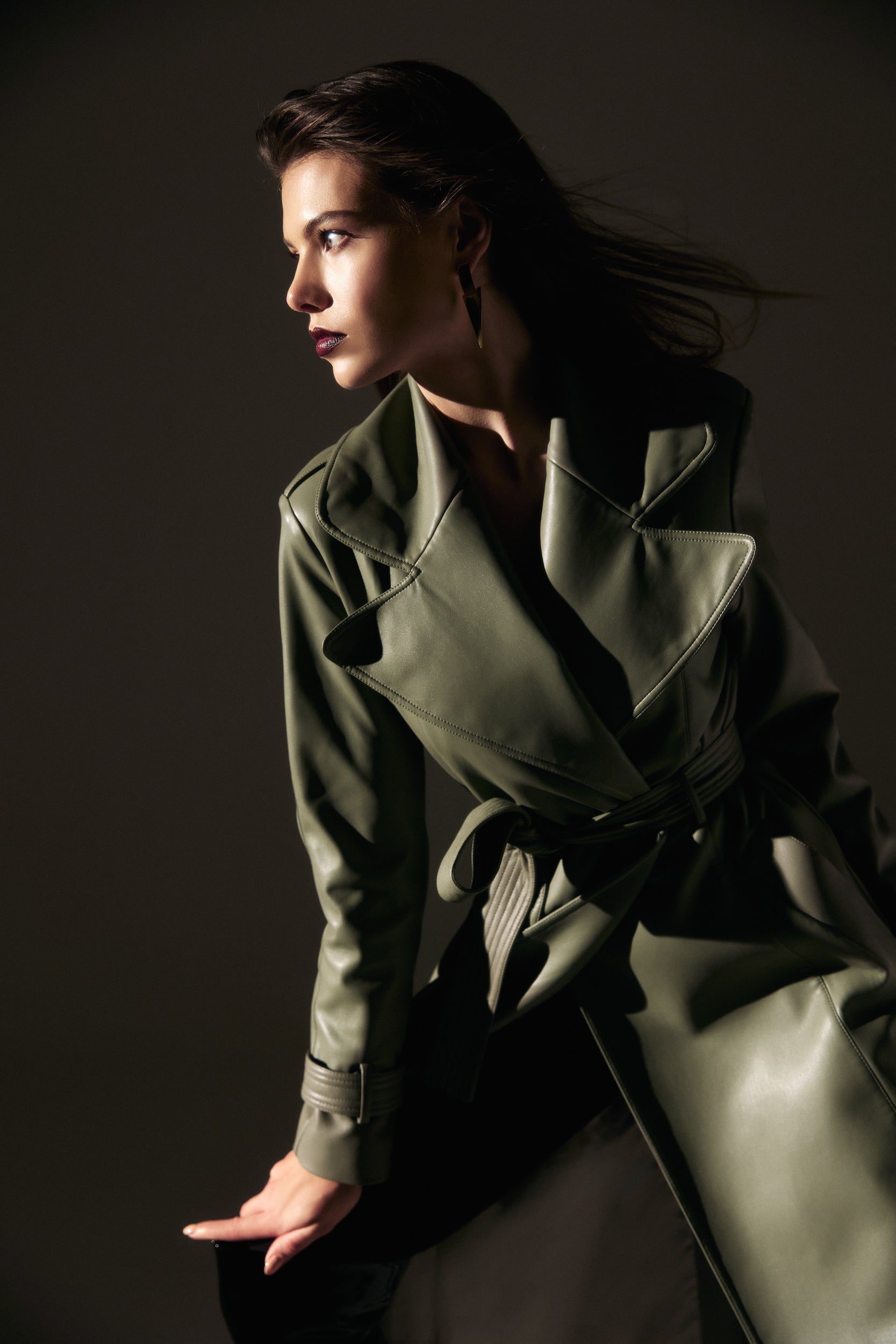 Vegan leather trench coat in green