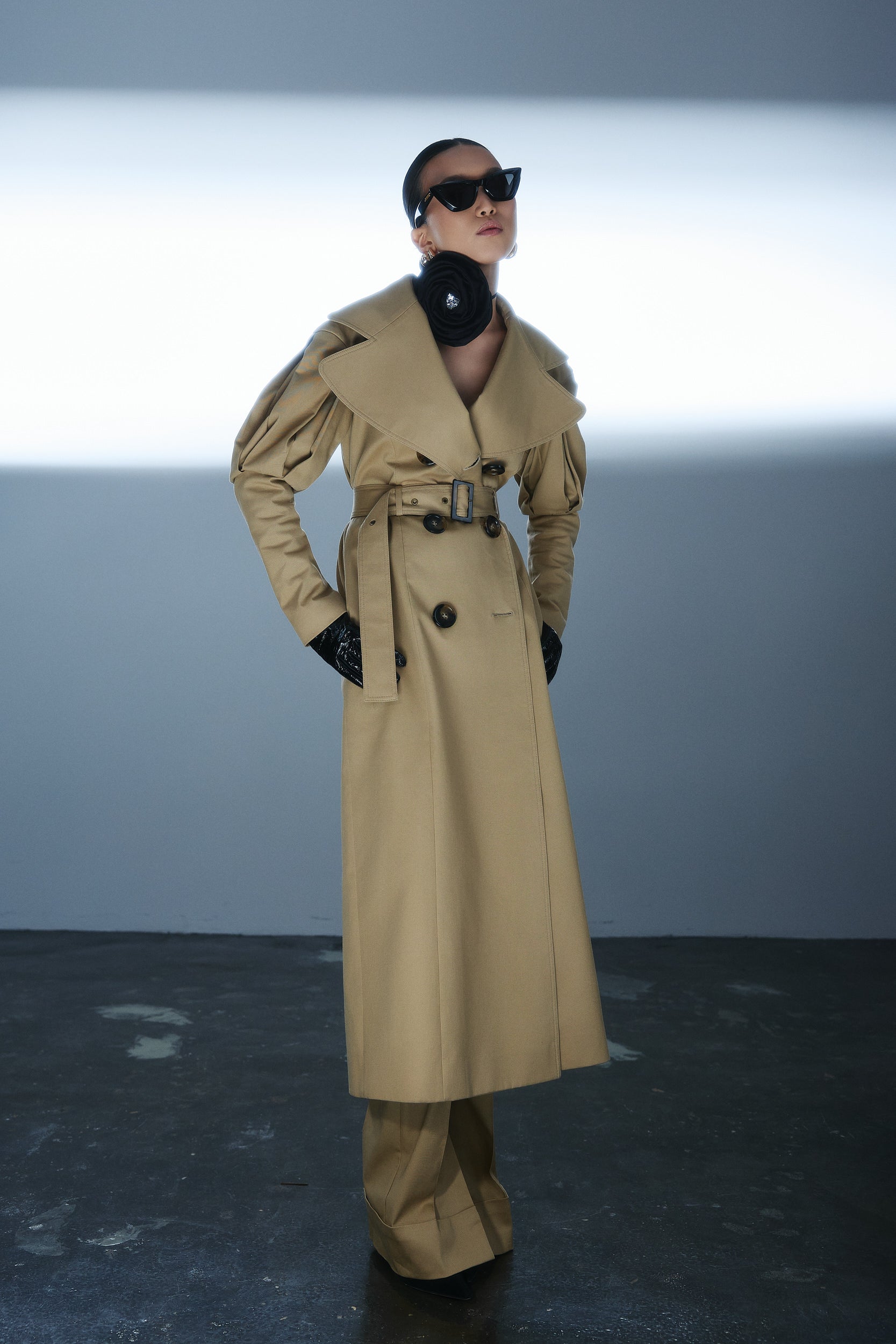 Statement pleated shoulders beige trench coat