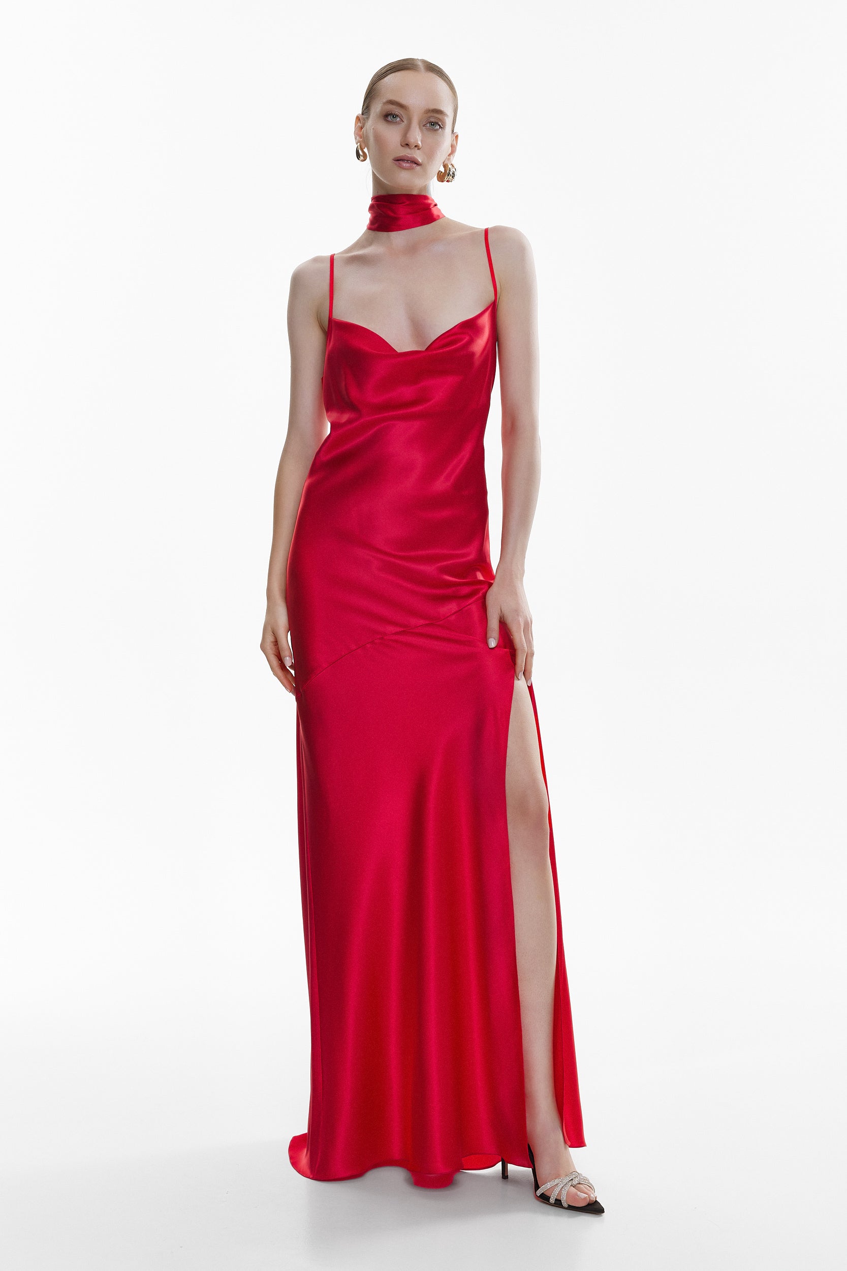 Floor-length satin dress in red